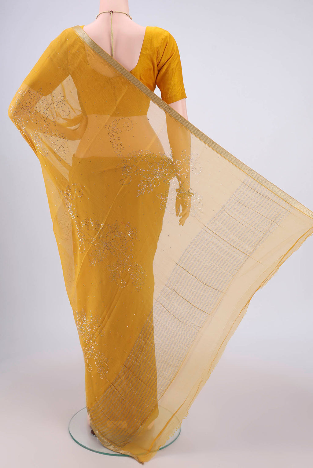 Flat view of Yellow Dual Tone Mysore Chiffon Saree with Embroidery on the body and Zari Border. 
