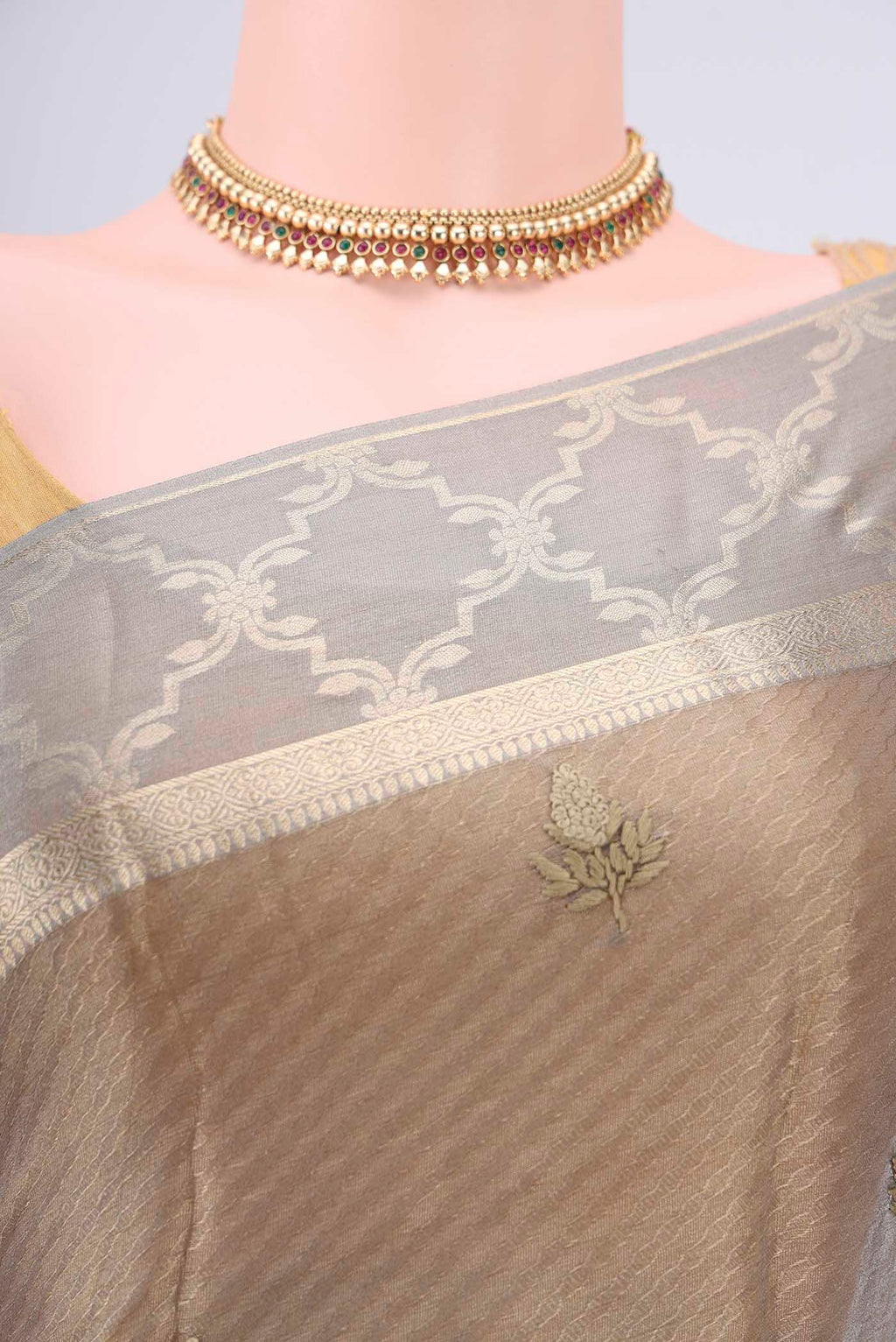 Border image of Davys Grey Mysore Georgette Saree with Embroidery on the body and Zari Border. 
