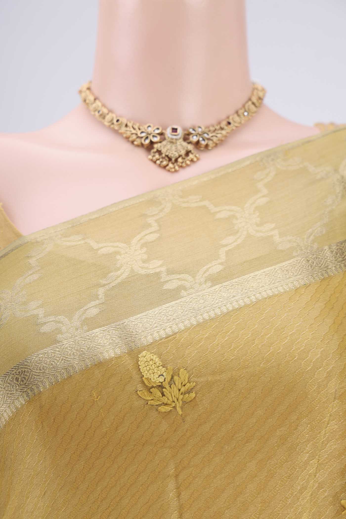 Border image of Lemon Yellow Mysore Georgette Saree with Embroidery on the body and Zari Border. 
