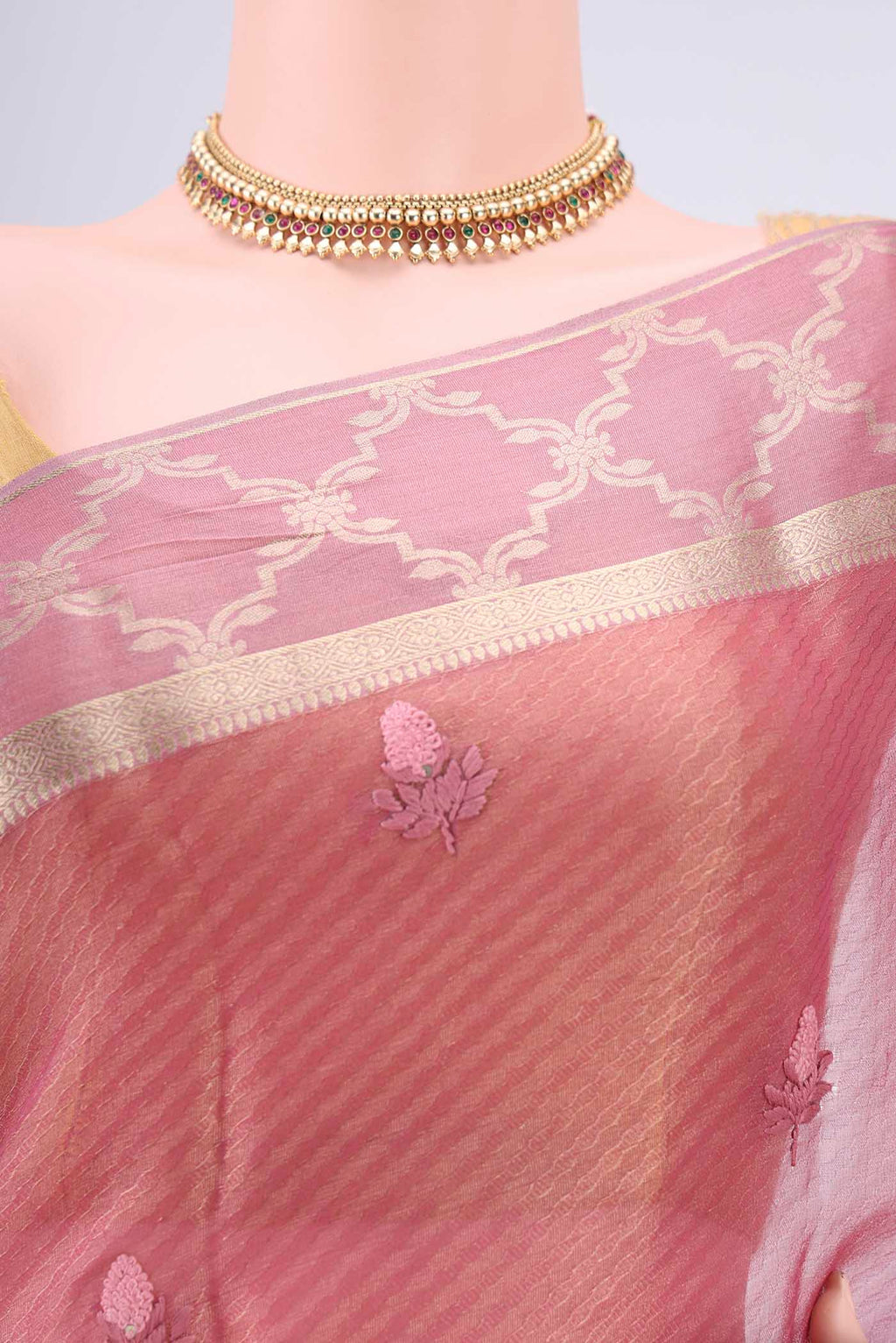 Border image of Rose Gold Mysore Georgette Saree with Embroidery on the body and Zari Border. 