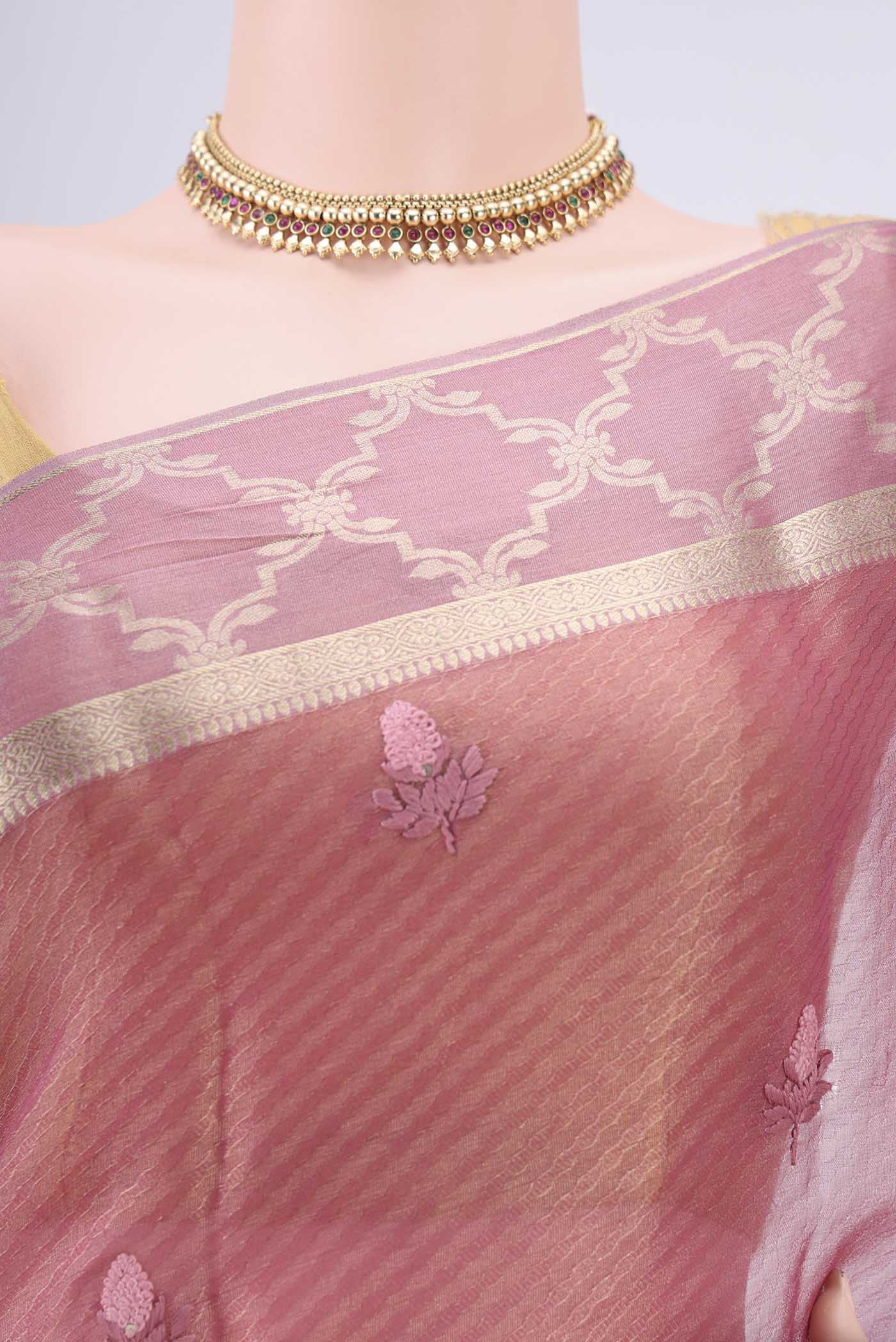 Border image of Rose Gold Mysore Georgette Saree with Embroidery on the body and Zari Border. 