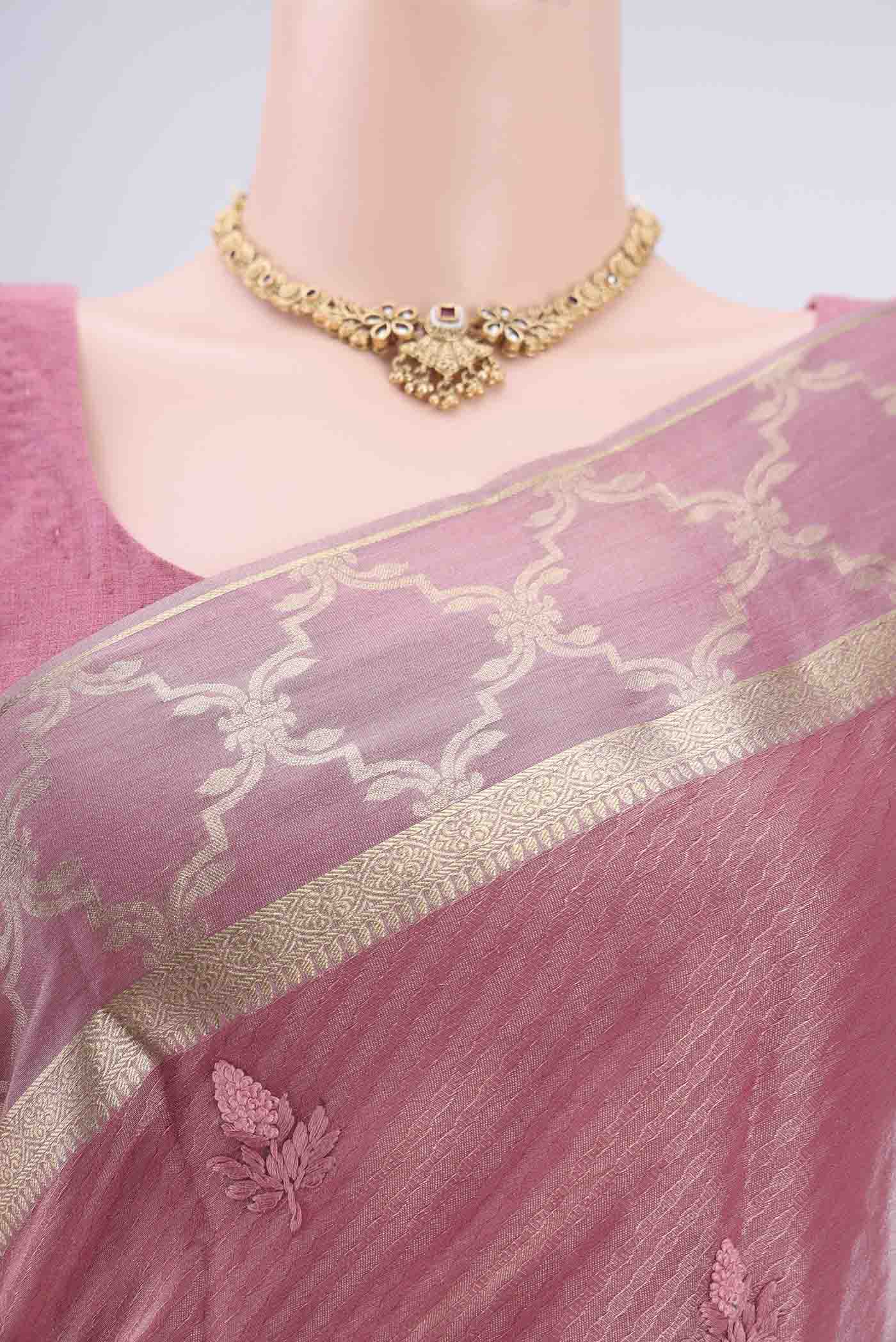 Border image of Rose Gold Mysore Georgette Saree with Embroidery on the body and Zari Border. 