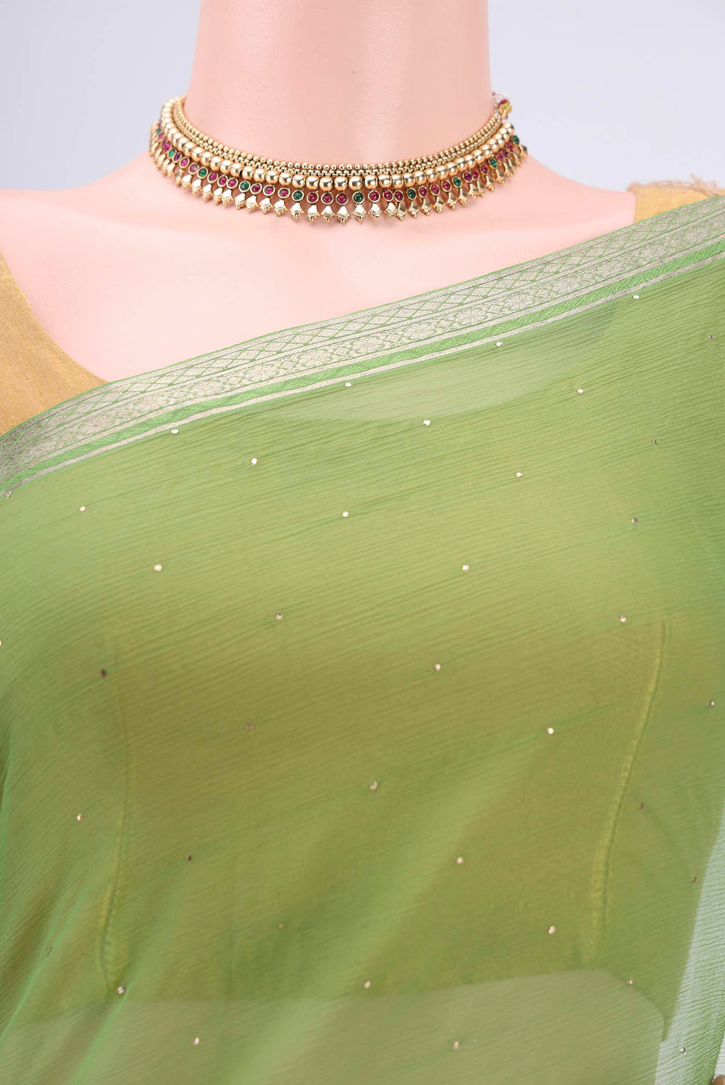 Border image of Light Green Dual Tone Mysore Chiffon Saree with Embroidery on the body and Zari Border. 