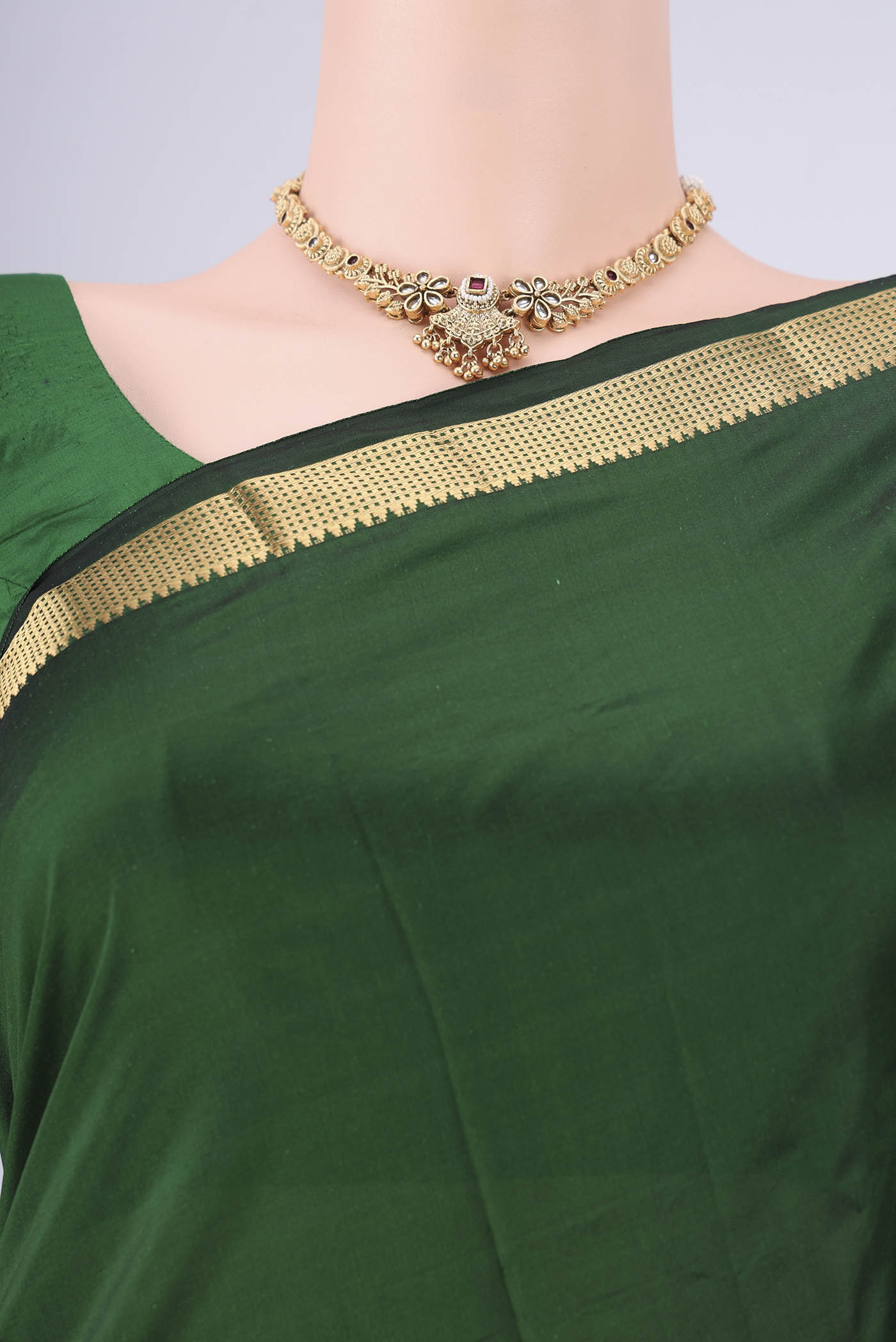 Border image of Bottle Green Blended Bangalore Silk Saree with Plain Body and Zari Border. 