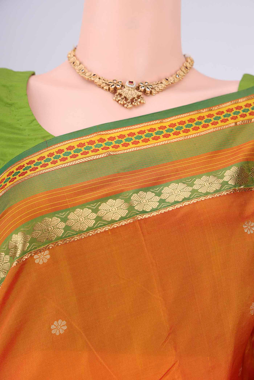Border image of Brick Orange Blended Bangalore Silk Saree with Jacquard design on the body and Zari Border. 