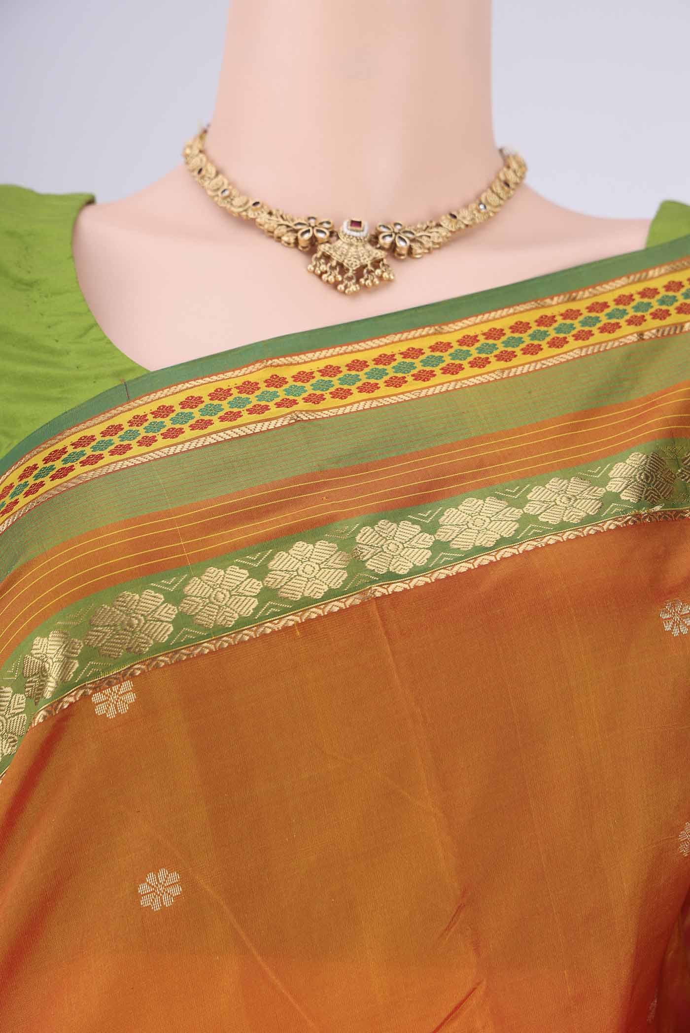 Border image of Brick Orange Blended Bangalore Silk Saree with Jacquard design on the body and Zari Border. 