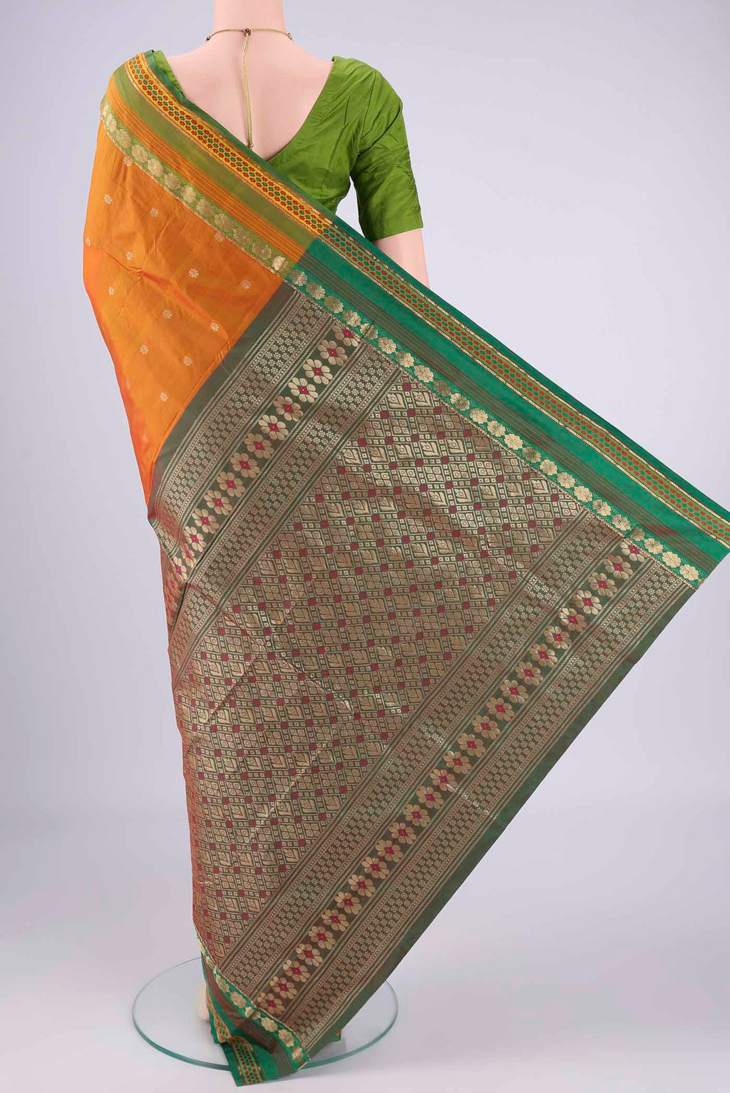 Flat view of Brick Orange Blended Bangalore Silk Saree with Jacquard design on the body and Zari Border. 