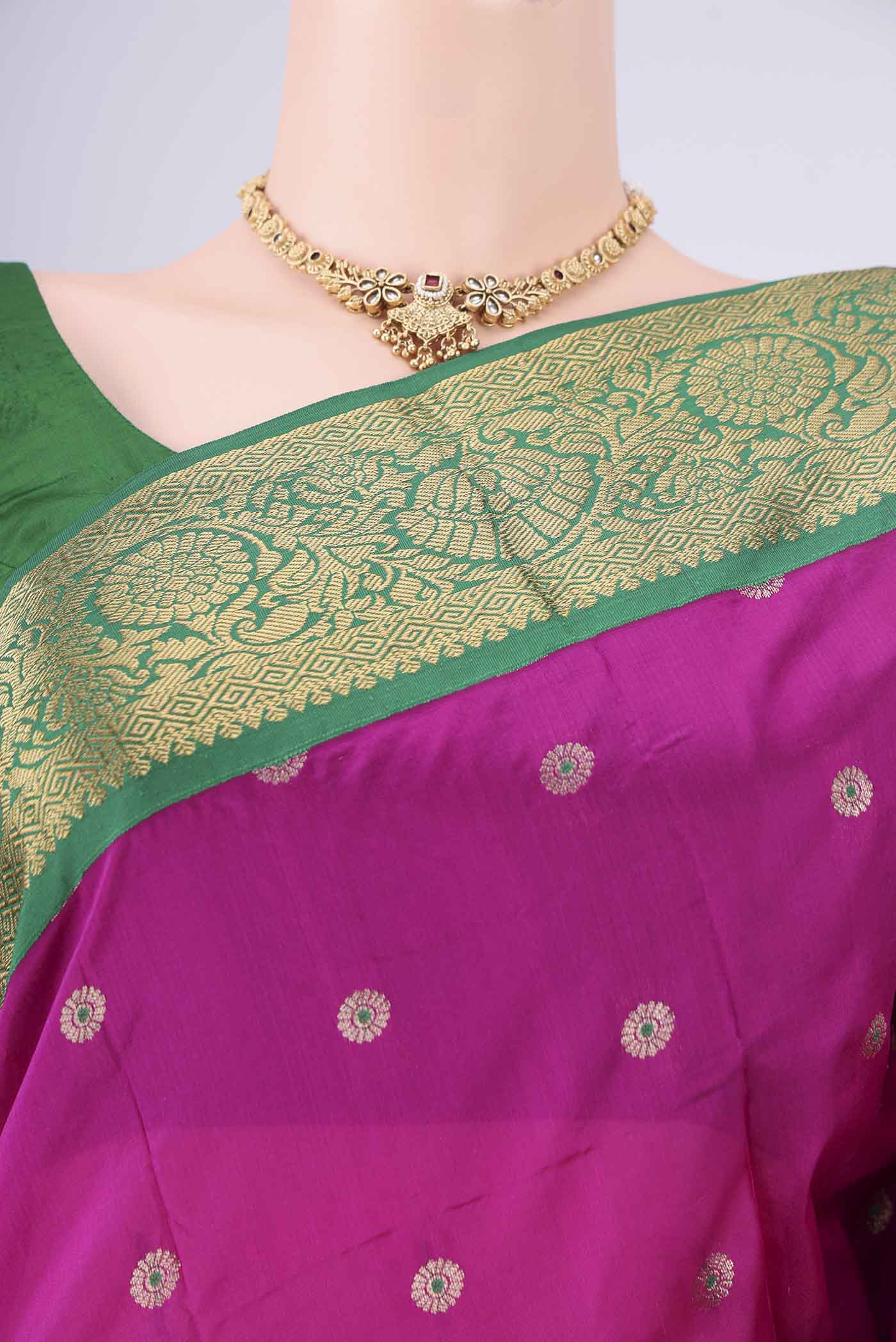 Border image of Rani Pink Blended Bangalore Silk Saree with Zari And Thread Butta on the body and Zari Border. 