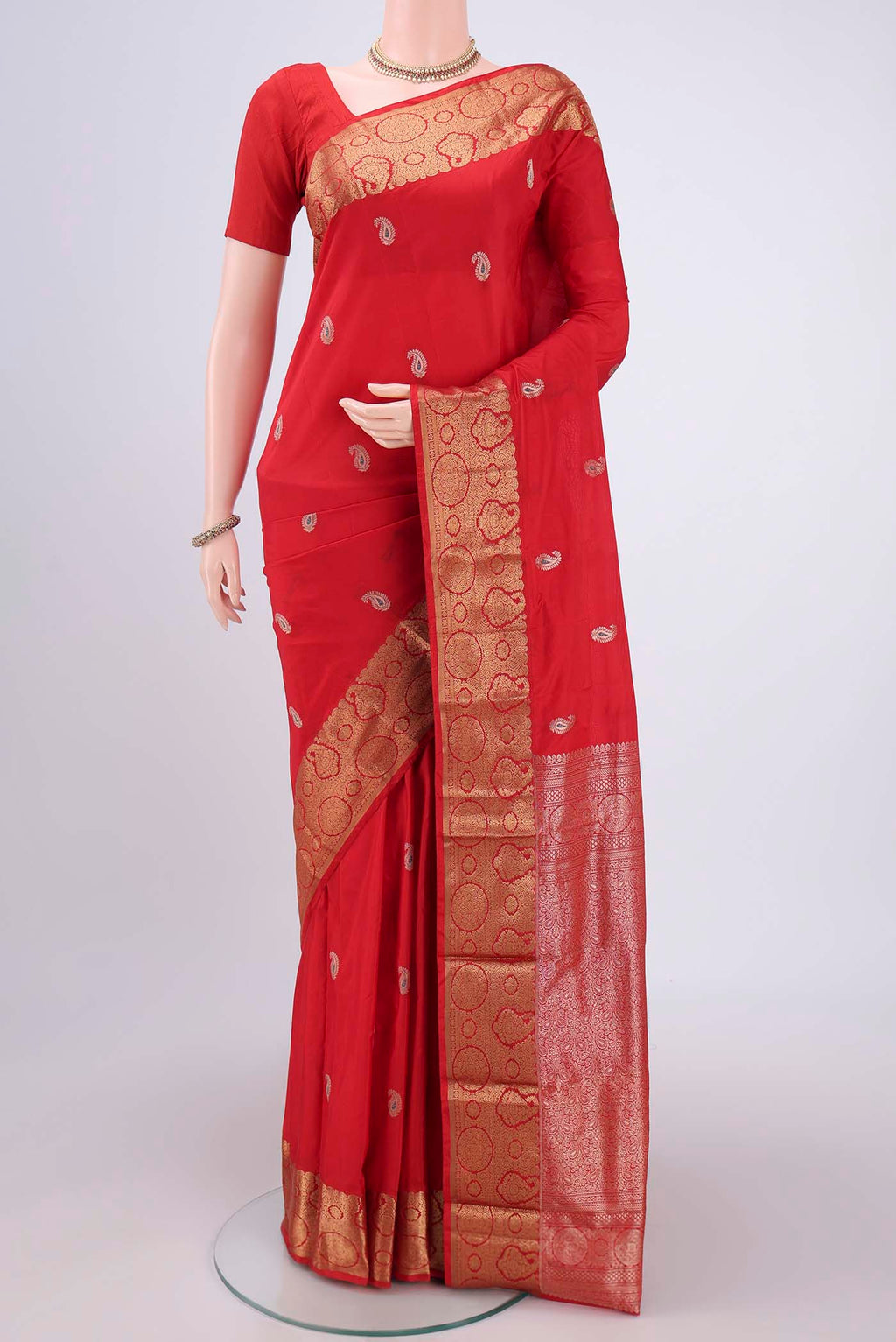 Red Dual Tone Blended Bangalore Silk Saree with Zari And Thread Butta on the body and Zari Border.  displayed on a mannequin