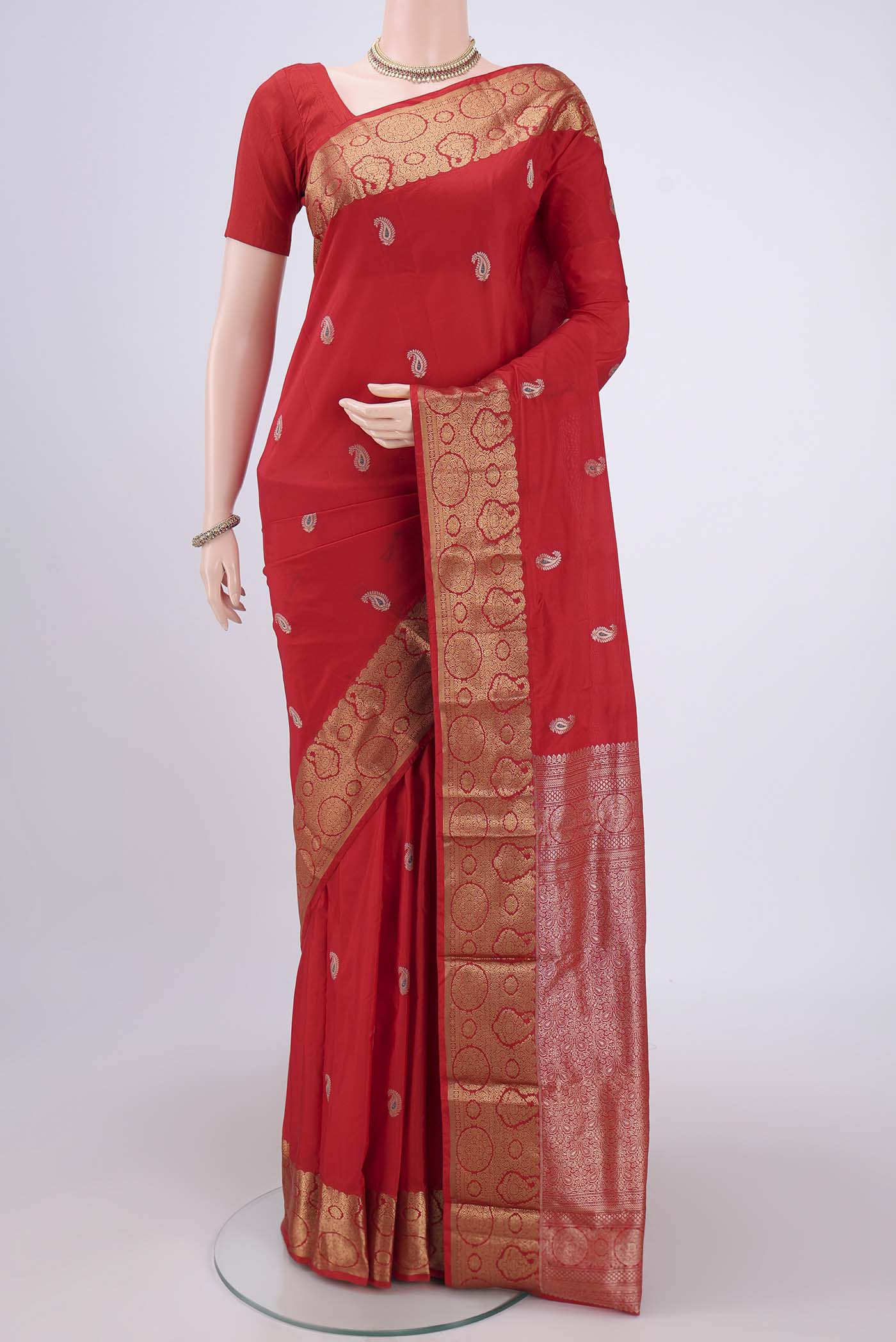 Red Dual Tone Blended Bangalore Silk Saree with Zari And Thread Butta on the body and Zari Border.  displayed on a mannequin