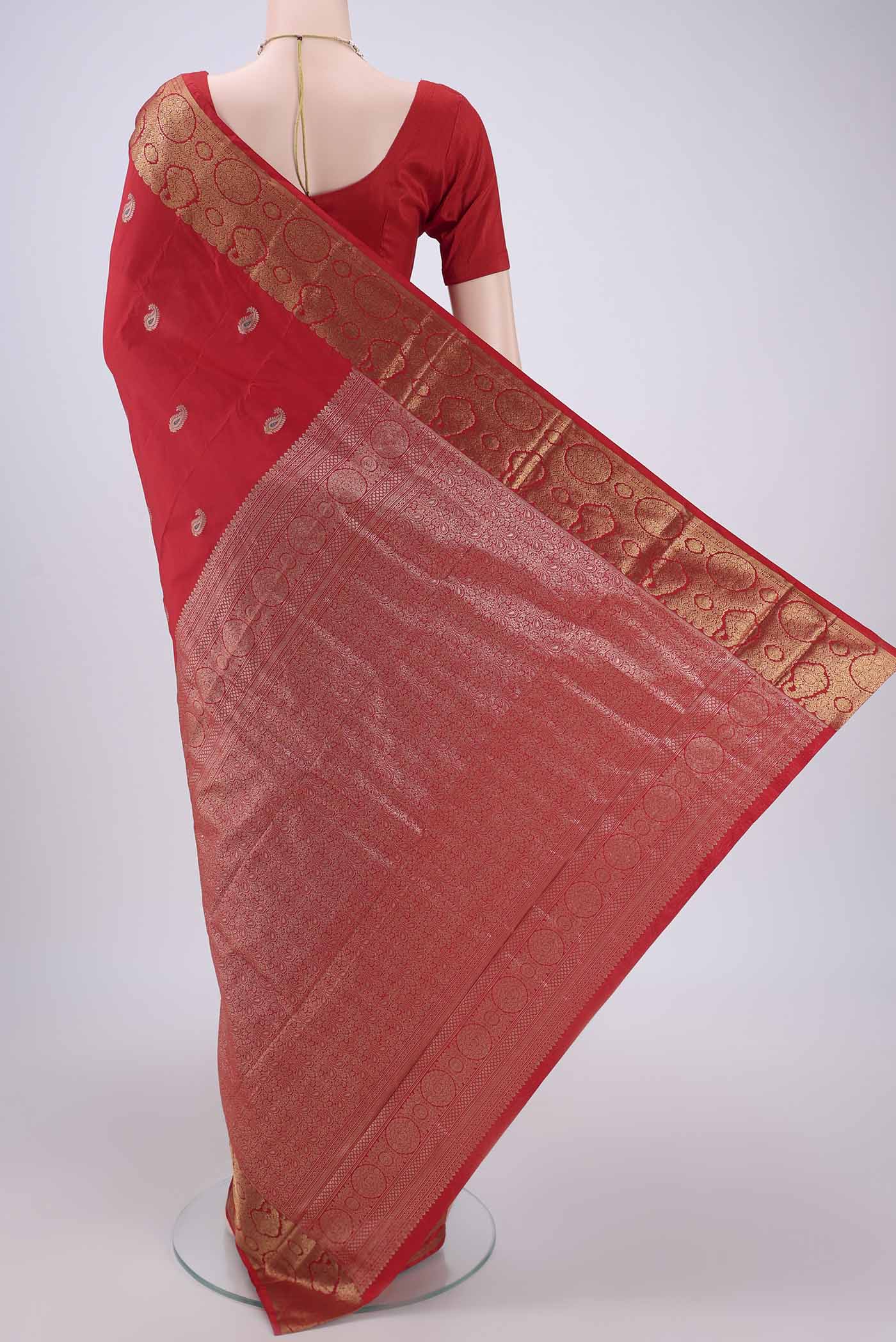 Flat view of Red Dual Tone Blended Bangalore Silk Saree with Zari And Thread Butta on the body and Zari Border. 
