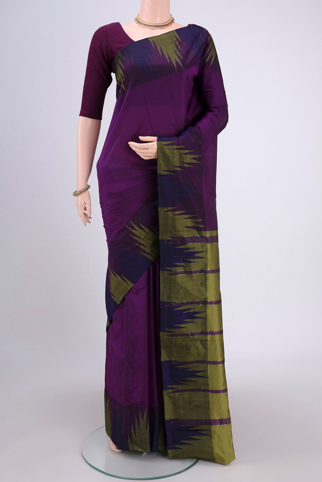 Purple Blended Bangalore Silk Saree with Plain Body and Temple Border.  displayed on a mannequin