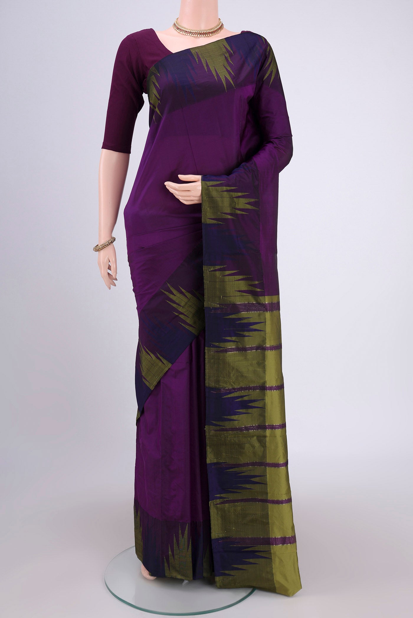 Purple Blended Bangalore Silk Saree with Plain Body and Temple Border.  displayed on a mannequin