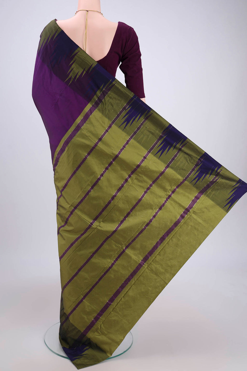 Flat view of Purple Blended Bangalore Silk Saree with Plain Body and Temple Border. 