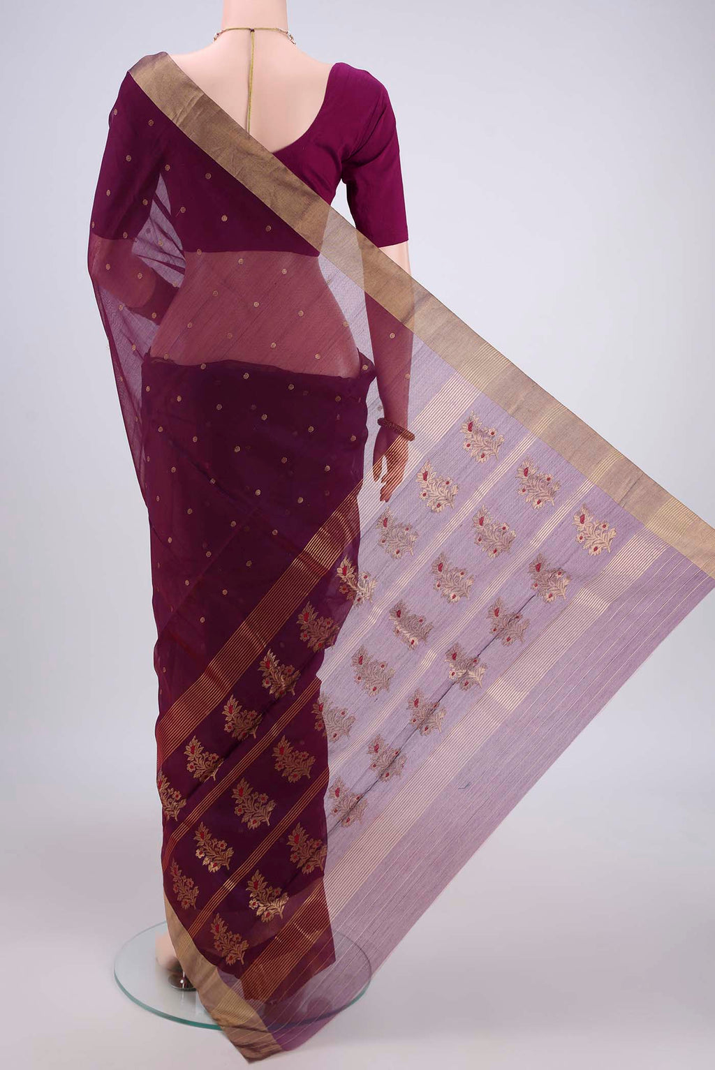 Flat view of Magenta Chanderi Silk Cotton Saree with Zari Butta on the body and Zari Border. 