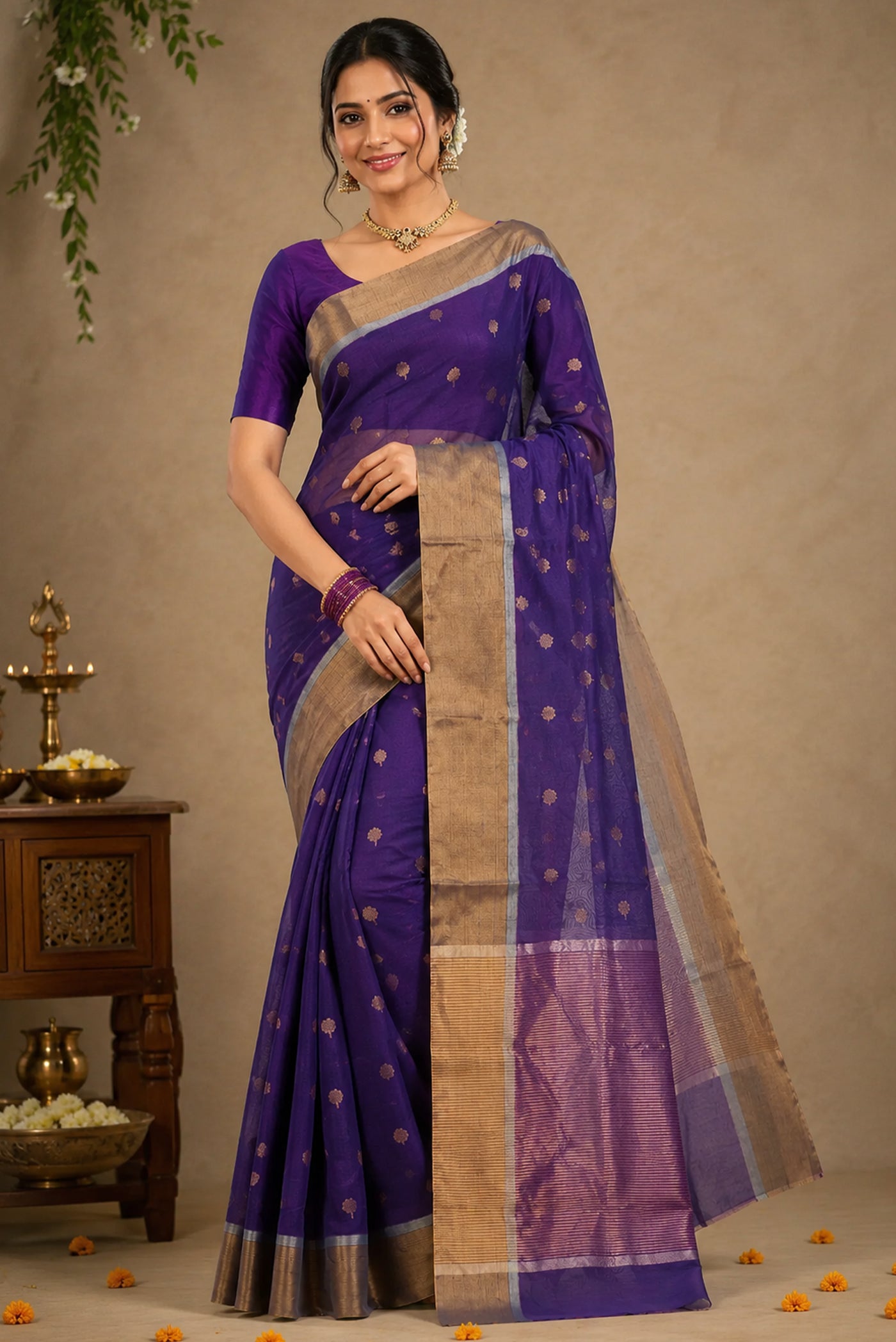 Model wearing a Violet Chanderi Silk Cotton Saree with Zari Butta on the body and Zari Border.