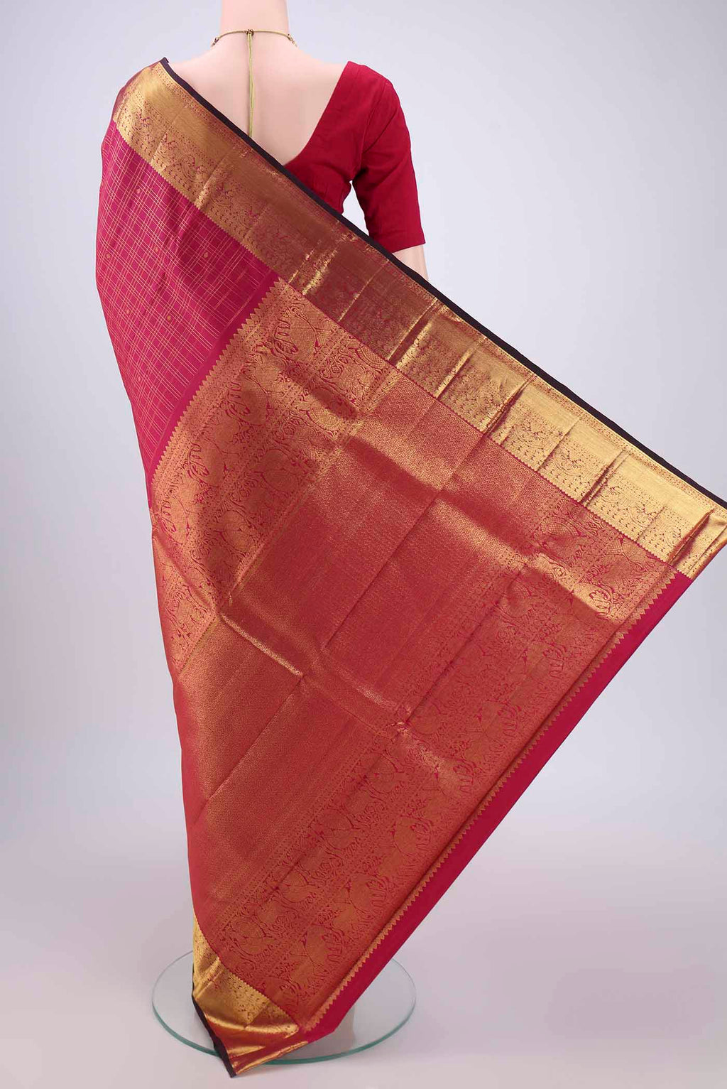 Flat view of Maroon Dual Tone Kanjivaram Silk Saree with Checked design on the body and Zari Border. 