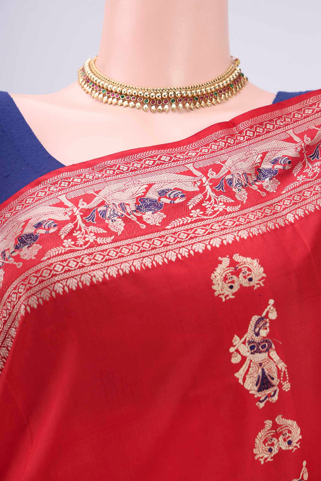 Border image of Red Baluchari Silk Saree with Thread Butta on the body and Thread Border. 