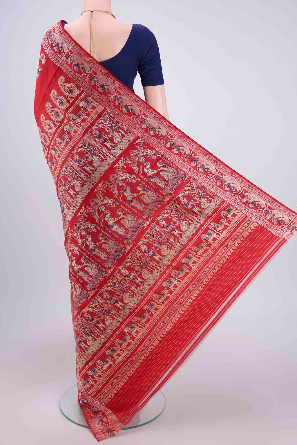Flat view of Red Baluchari Silk Saree with Thread Butta on the body and Thread Border. 