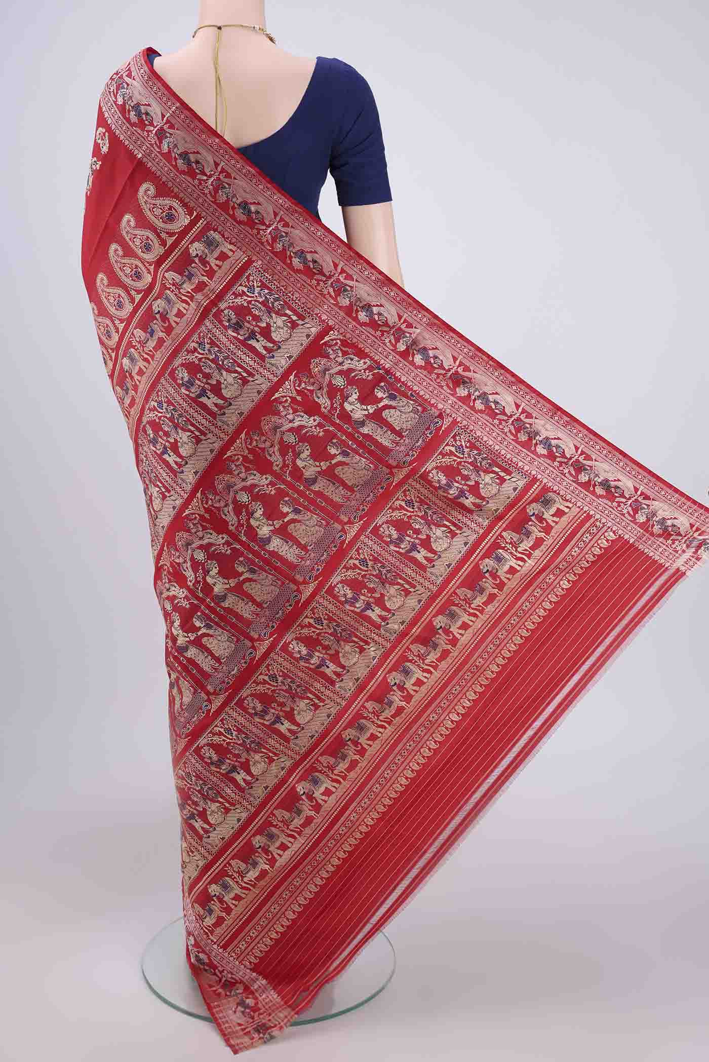 Flat view of Red Baluchari Silk Saree with Thread Butta on the body and Thread Border. 