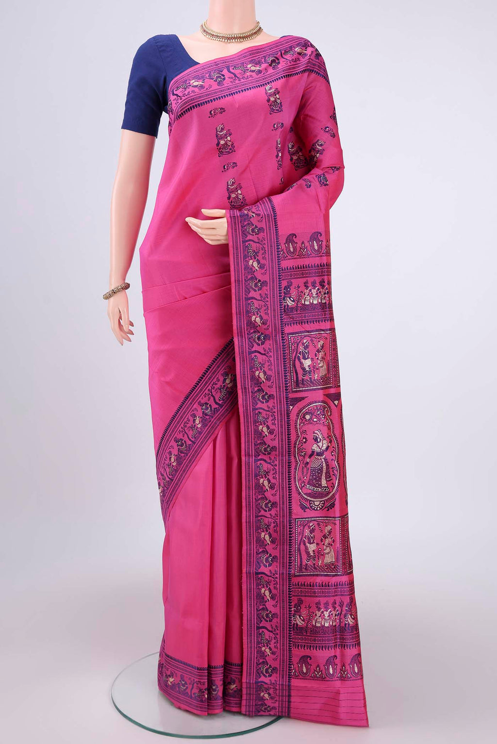 Pink Baluchari Silk Saree with Thread Butta on the body and Thread Border.  displayed on a mannequin