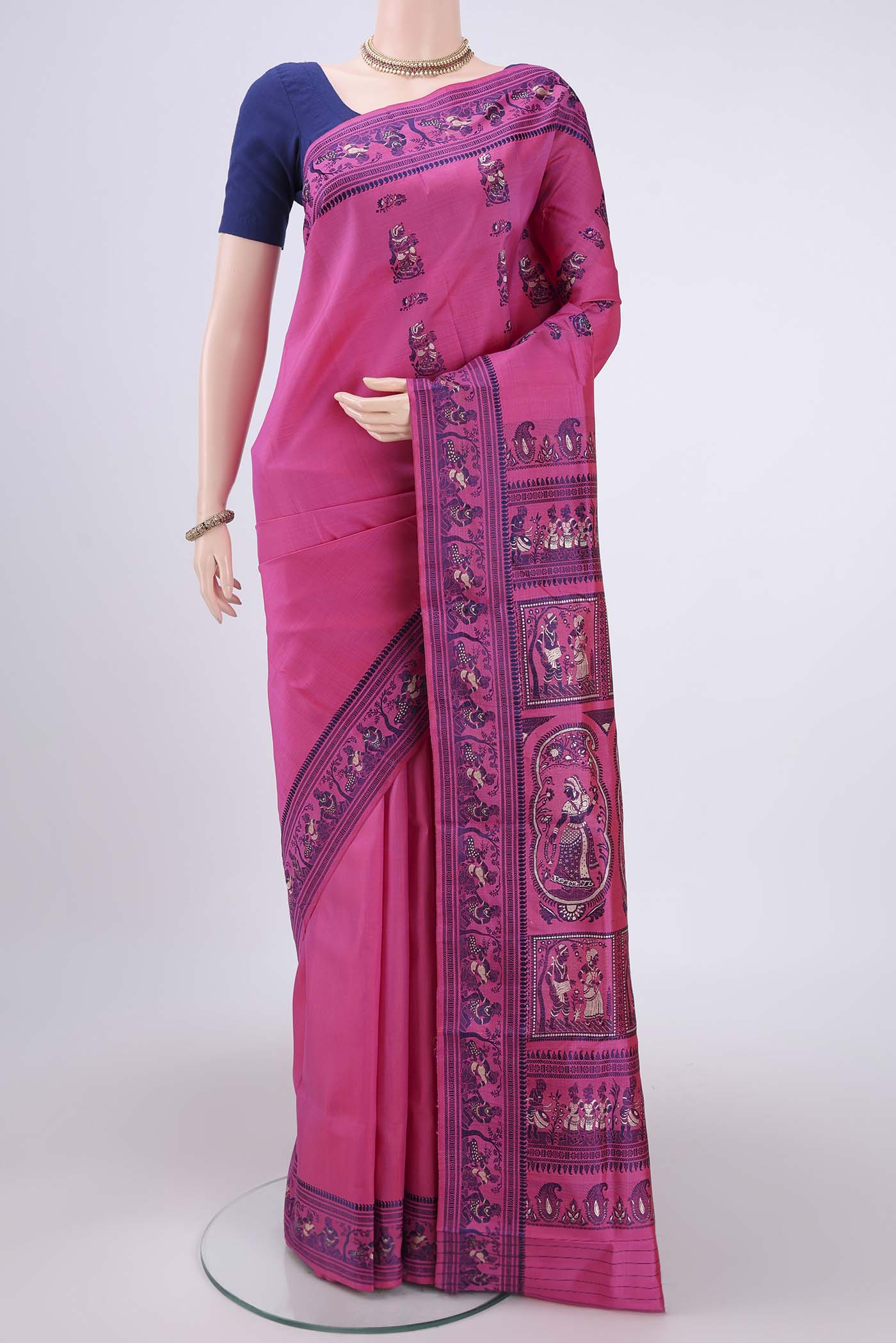 Pink Baluchari Silk Saree with Thread Butta on the body and Thread Border.  displayed on a mannequin