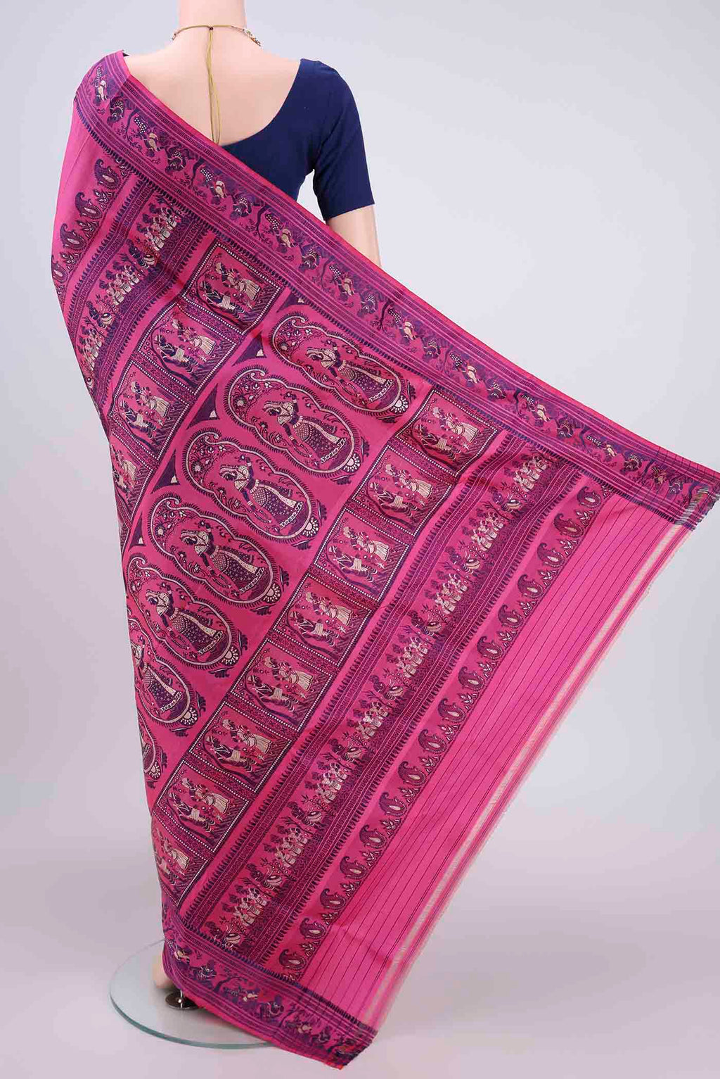 Flat view of Pink Baluchari Silk Saree with Thread Butta on the body and Thread Border. 