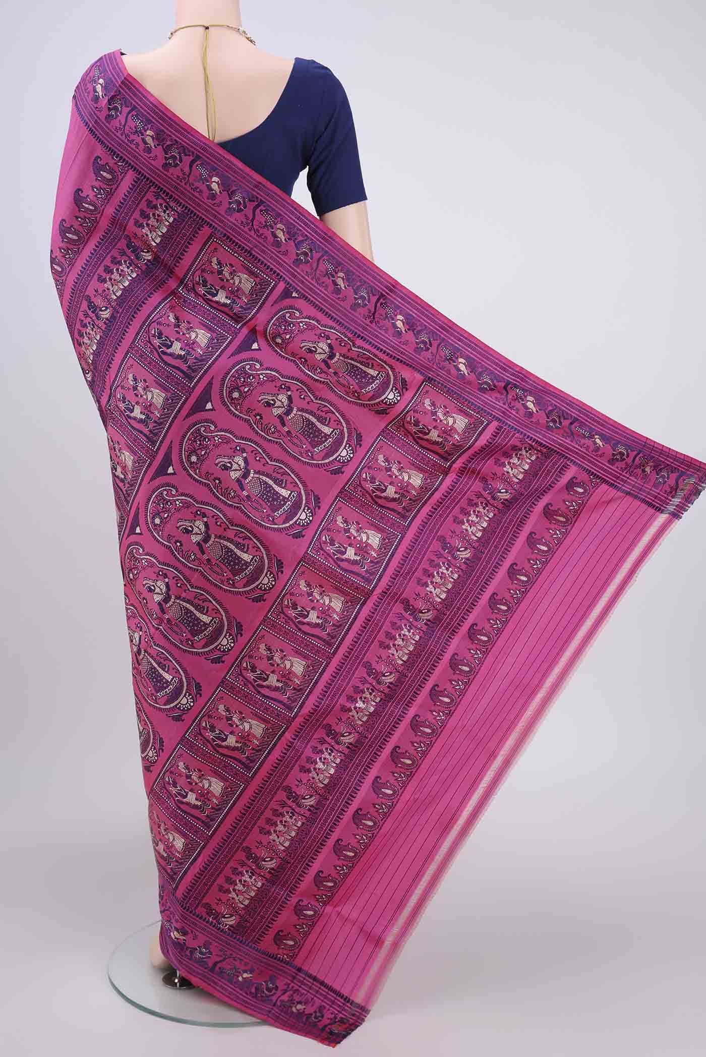 Flat view of Pink Baluchari Silk Saree with Thread Butta on the body and Thread Border. 