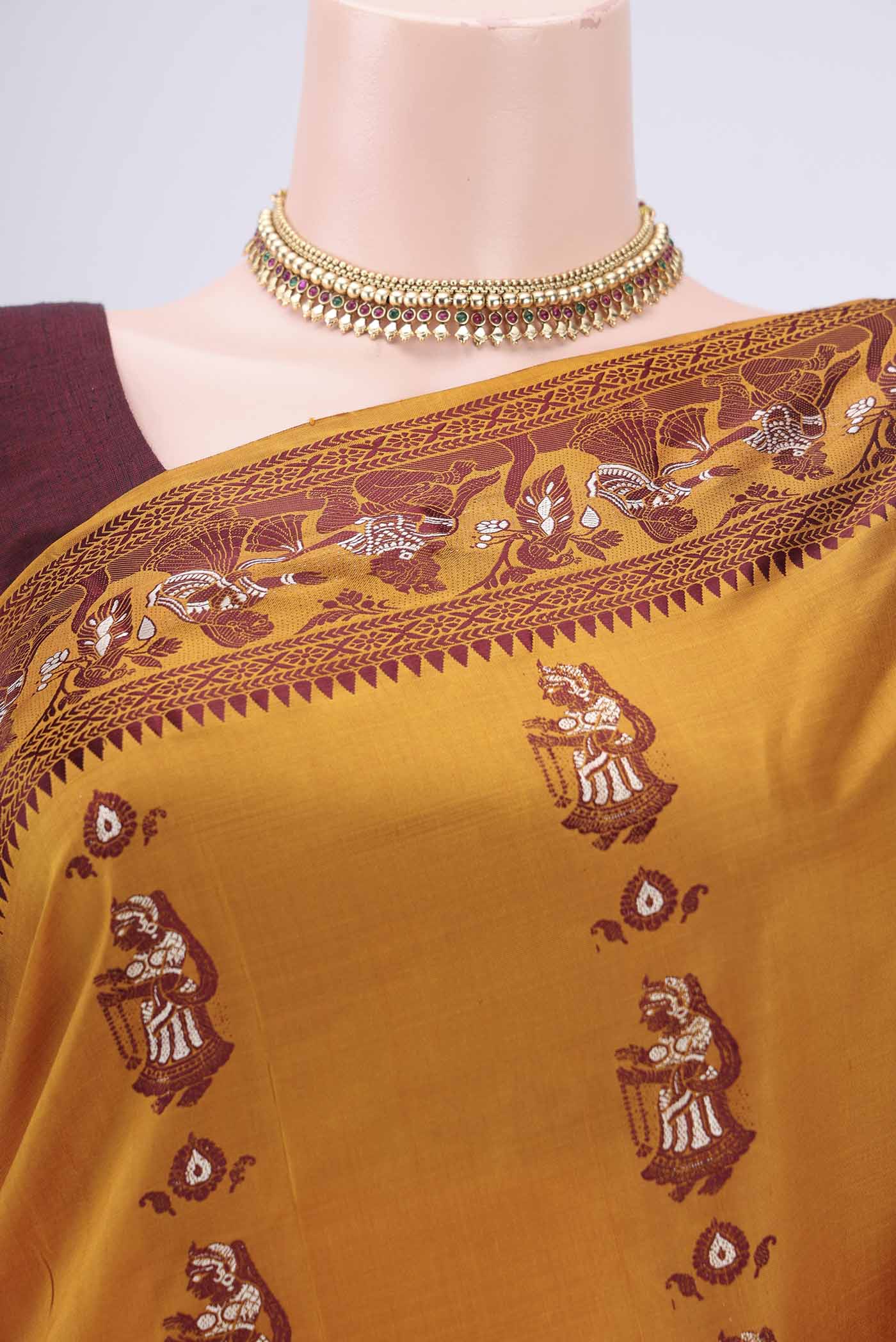 Border image of Mustard Baluchari Silk Saree with Thread Butta on the body and Thread Border. 