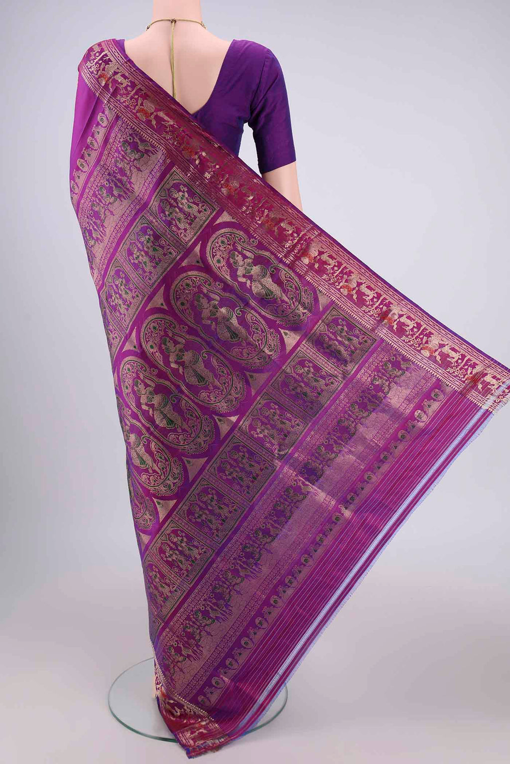 Flat view of Purple Baluchari Silk Saree with Zari And Thread Butta on the body and Zari And Thread Border. 