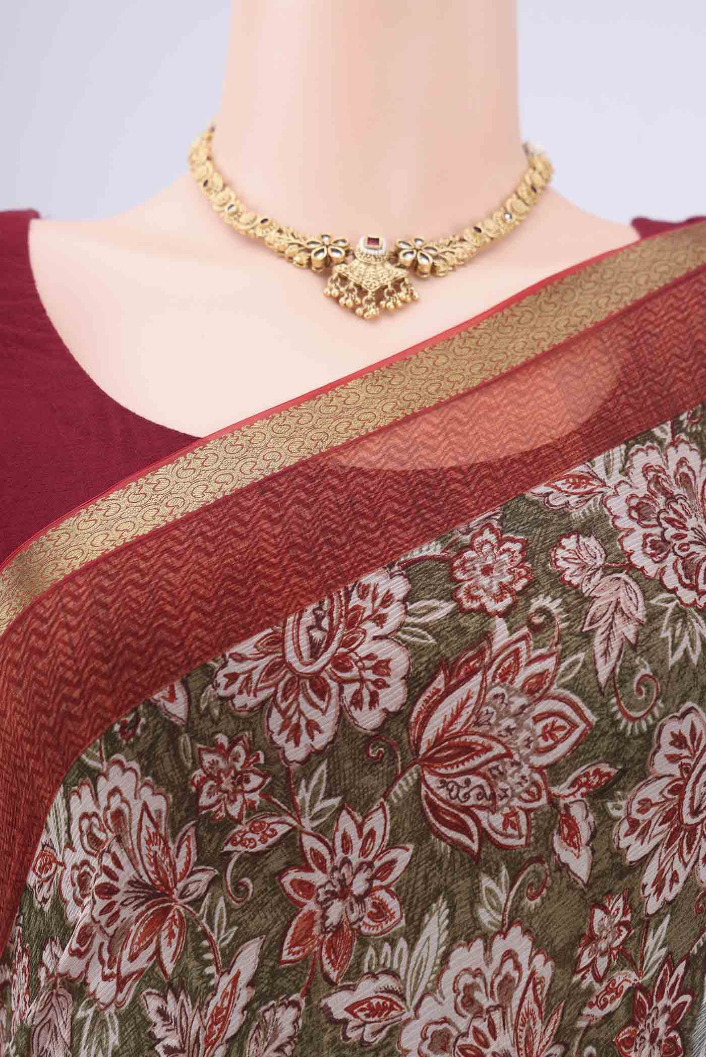 Border image of Mehandi Green Mysore Chiffon Saree with Floral Print on the body and Zari Border. 