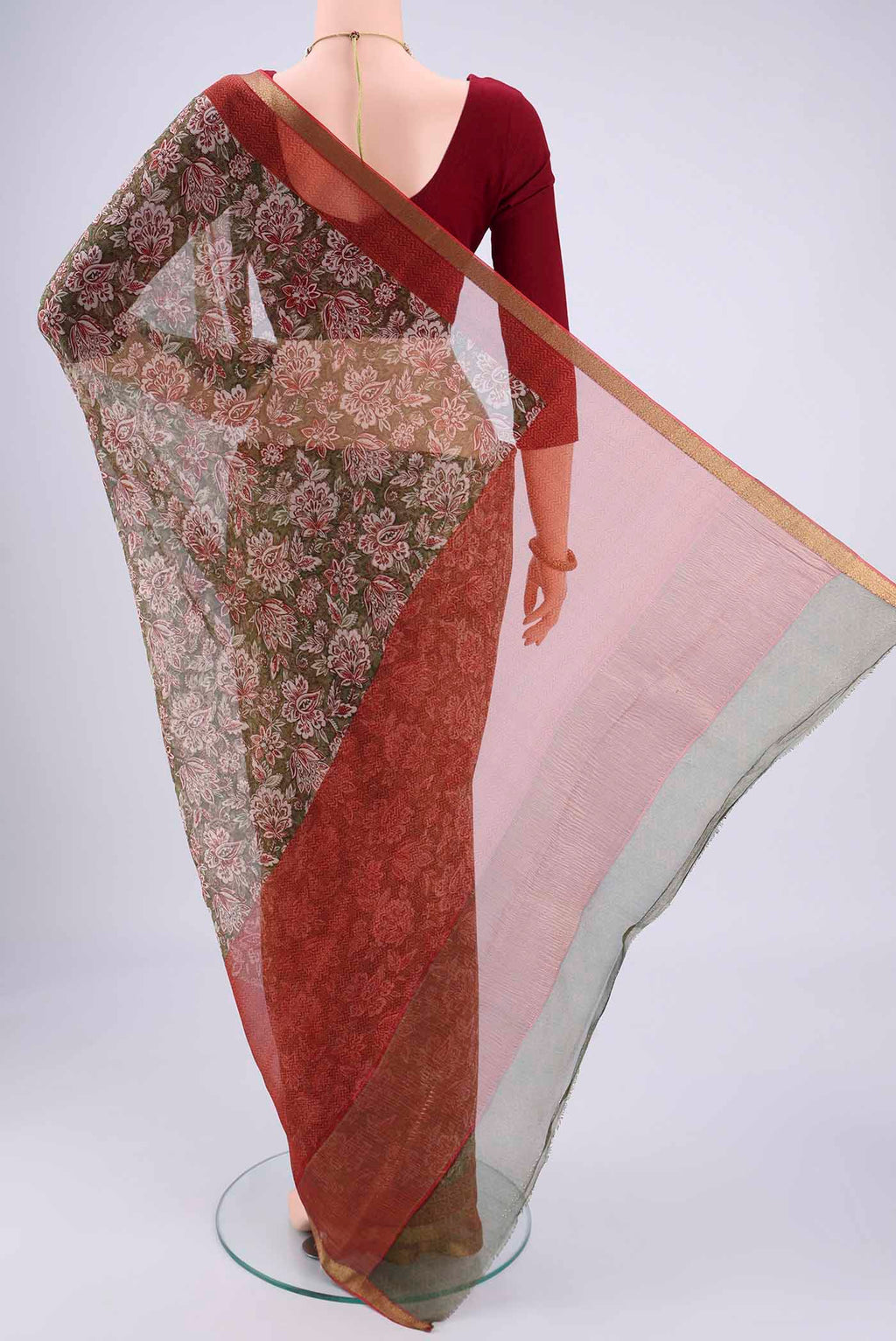 Flat view of Mehandi Green Mysore Chiffon Saree with Floral Print on the body and Zari Border. 