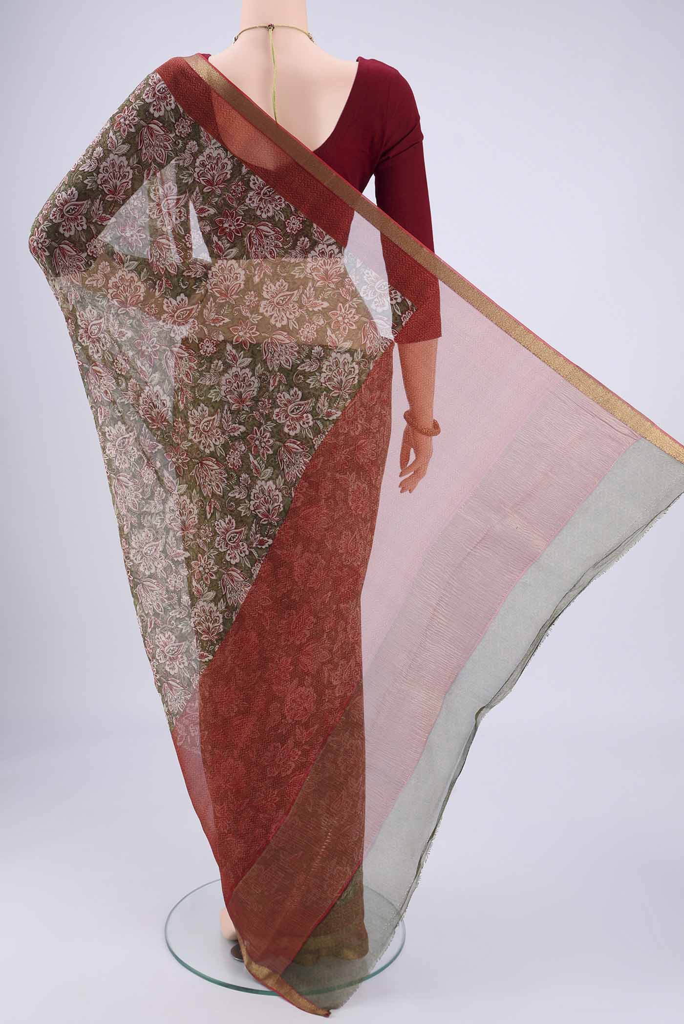 Flat view of Mehandi Green Mysore Chiffon Saree with Floral Print on the body and Zari Border. 