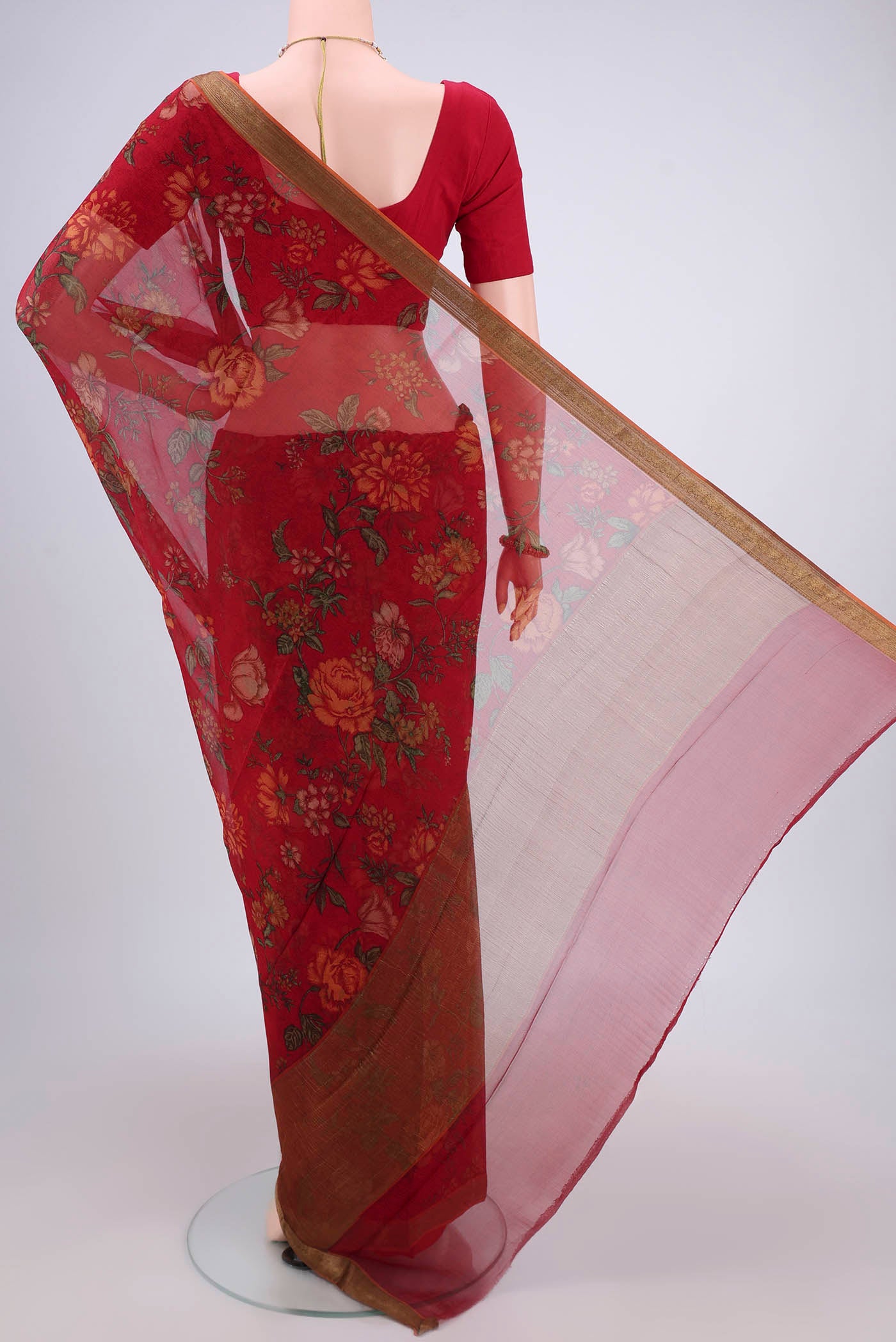 Flat view of Red Mysore Chiffon Saree with Floral Print on the body and Zari Border. 