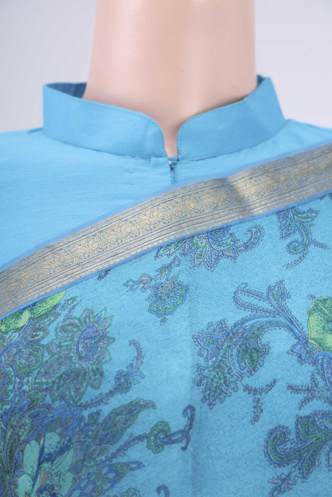 Border image of Blue Mysore Chiffon Saree with Floral Print on the body and Zari Border. 