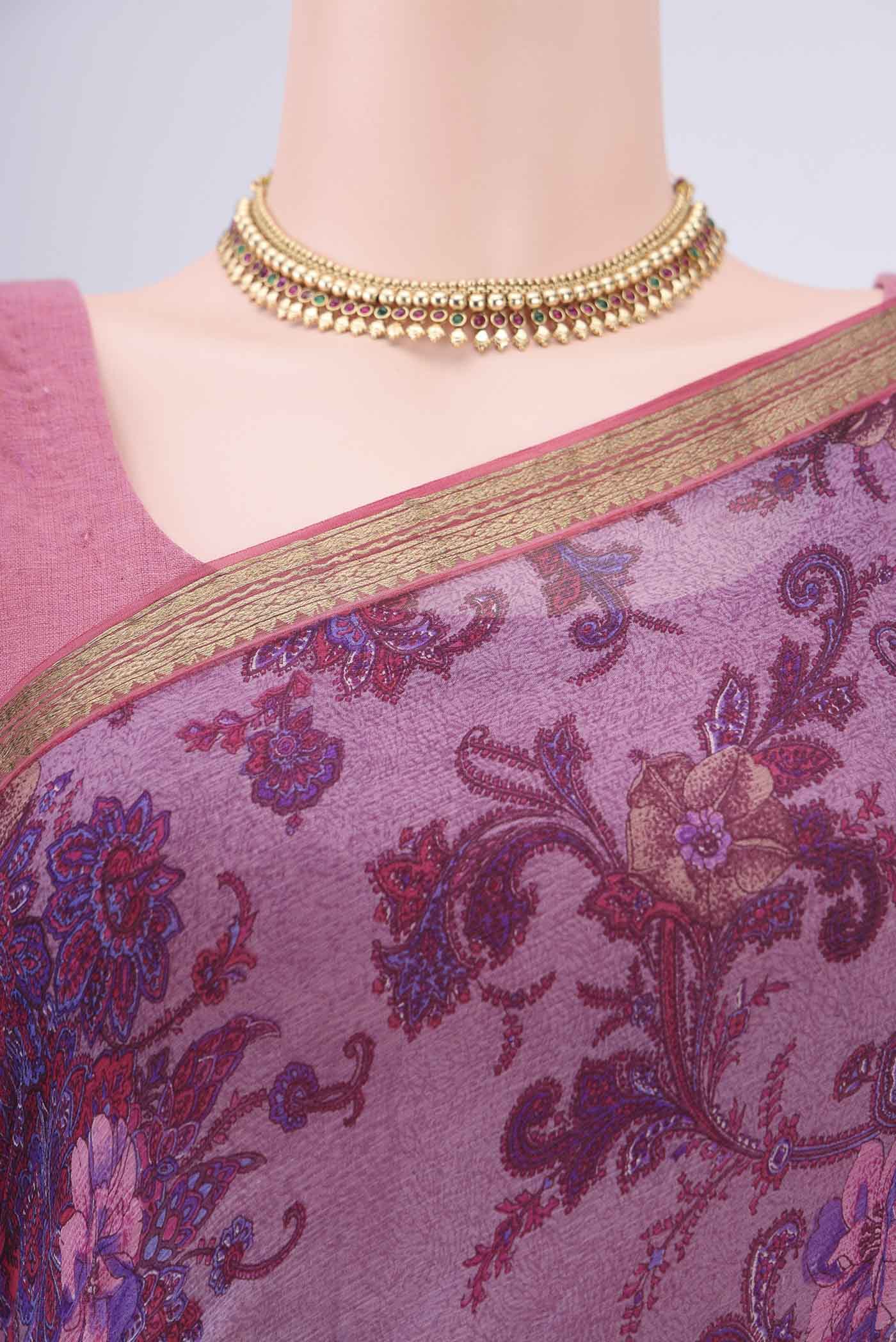 Border image of Mauve Mysore Chiffon Saree with Floral Print on the body and Zari Border. 