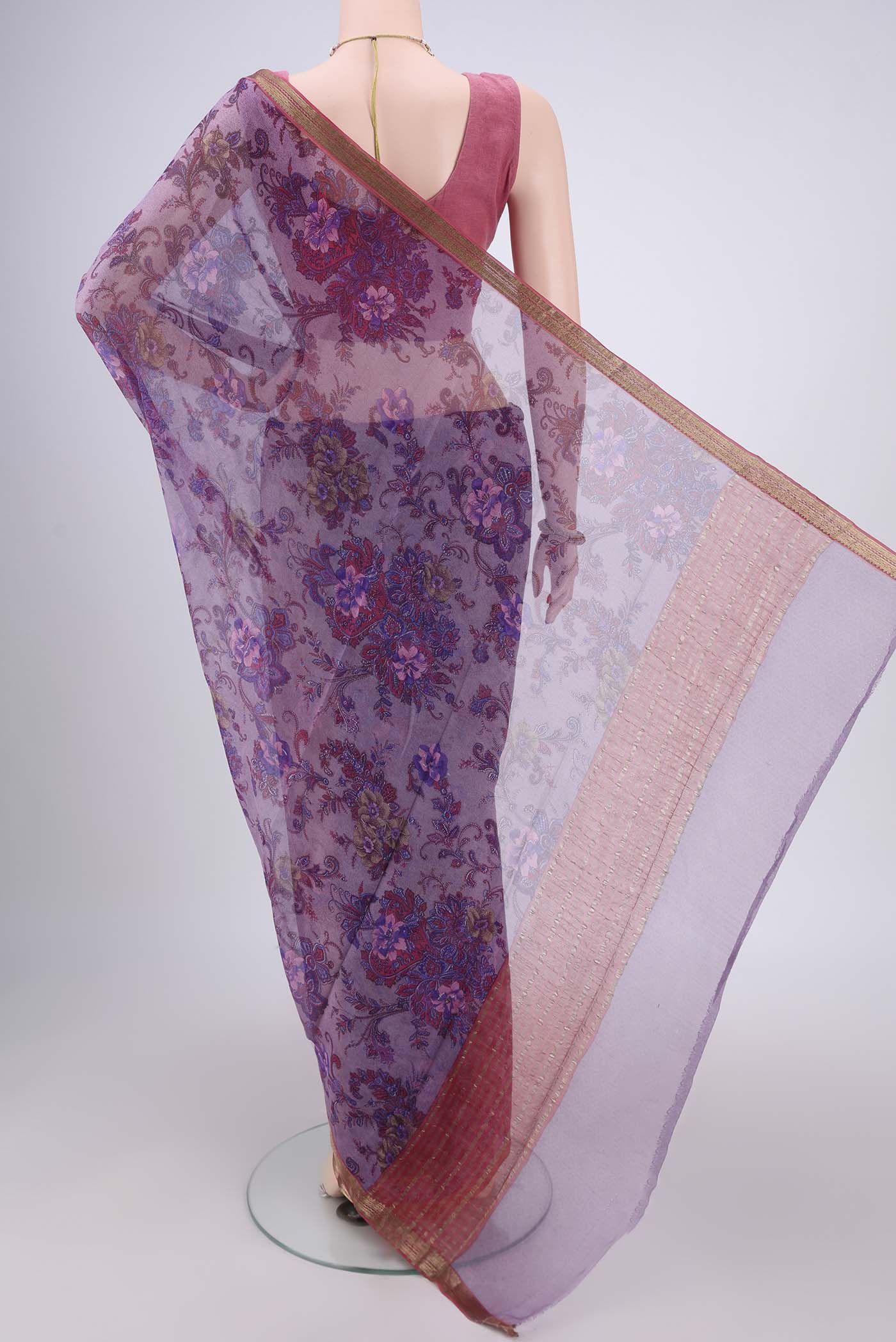 Flat view of Mauve Mysore Chiffon Saree with Floral Print on the body and Zari Border. 
