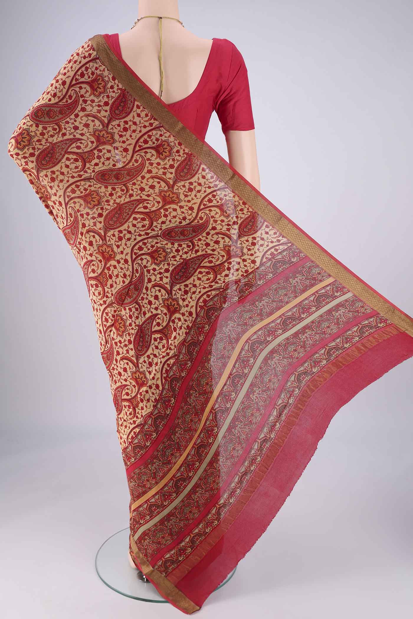 Flat view of Sandal Mysore Crepe Saree with Printed design on the body and Zari Border. 