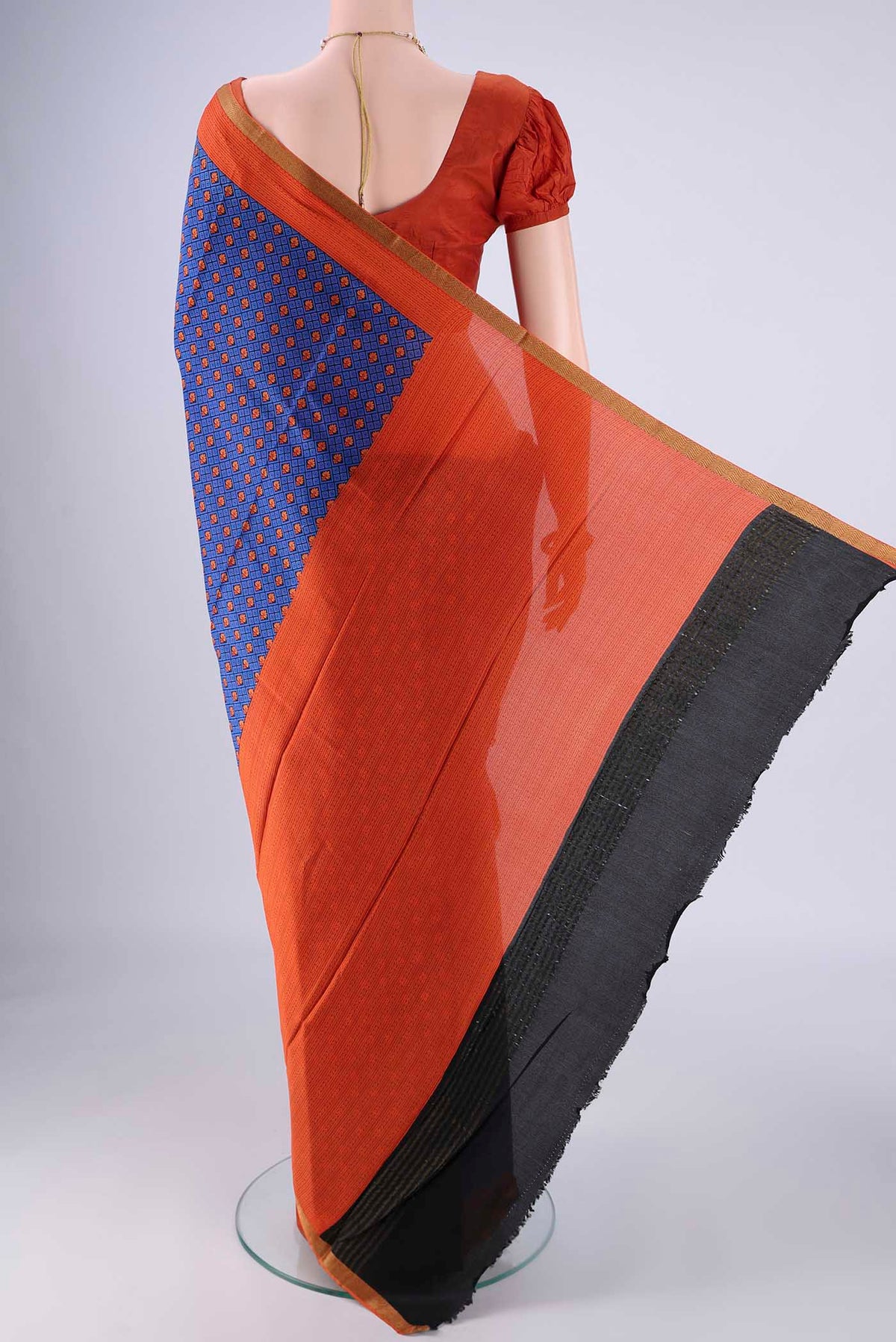 Flat view of Royal Blue Mysore Crepe Saree with Printed design on the body and Printed Border. 