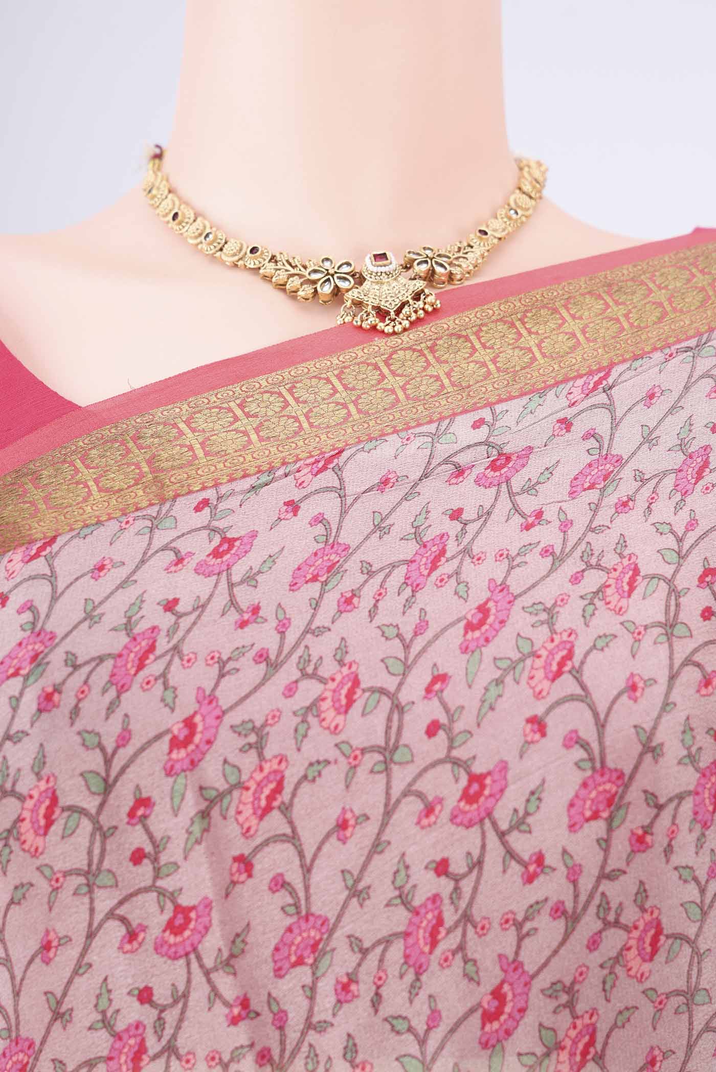 Border image of Grey Mysore Crepe Saree with Printed design on the body and Zari Border. 