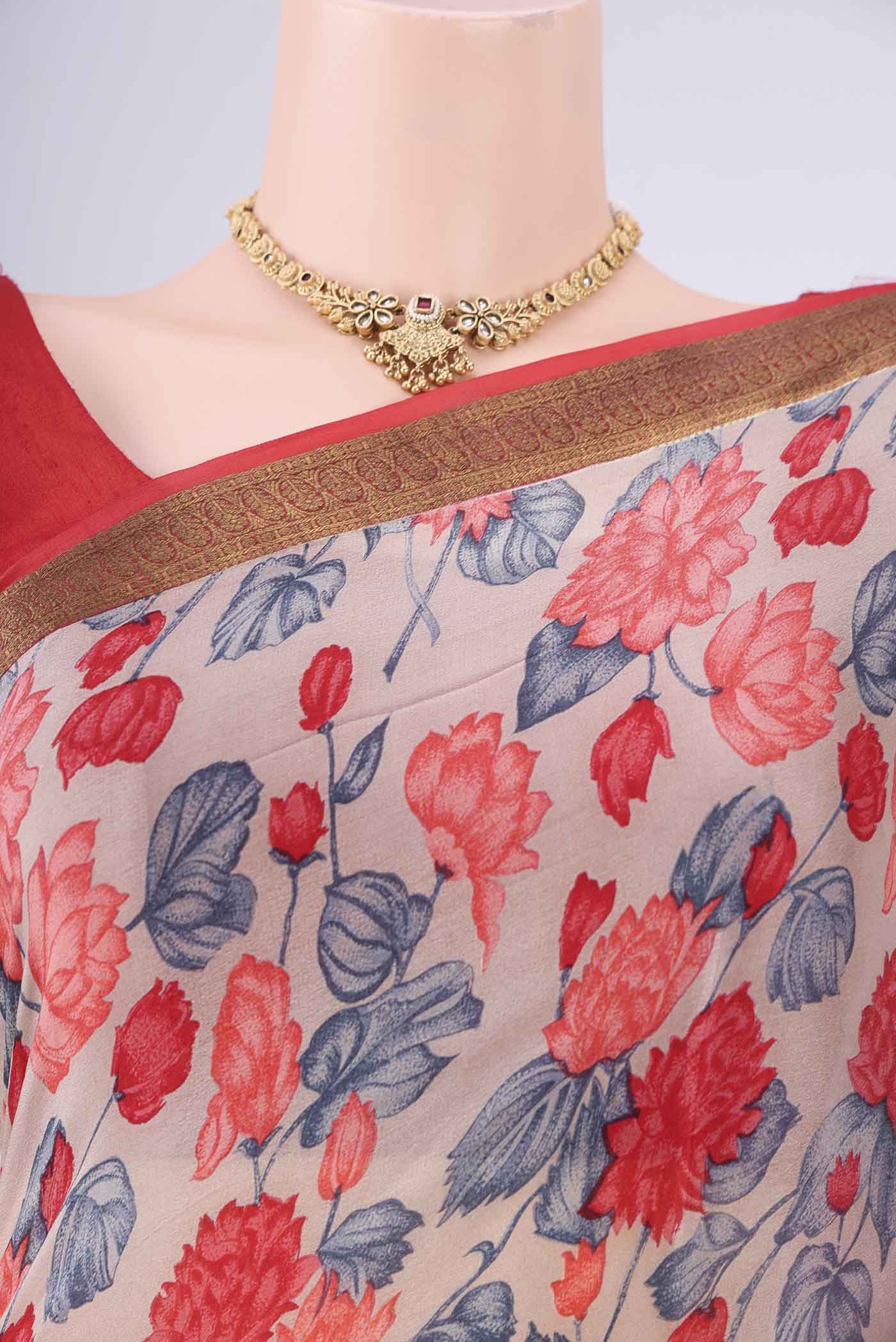 Border image of Grey Mysore Crepe Saree with Printed design on the body and Zari Border. 