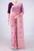 Rose pink Chanderi Cotton Saree with Printed design on the body and Thread Border.  displayed on a mannequin
