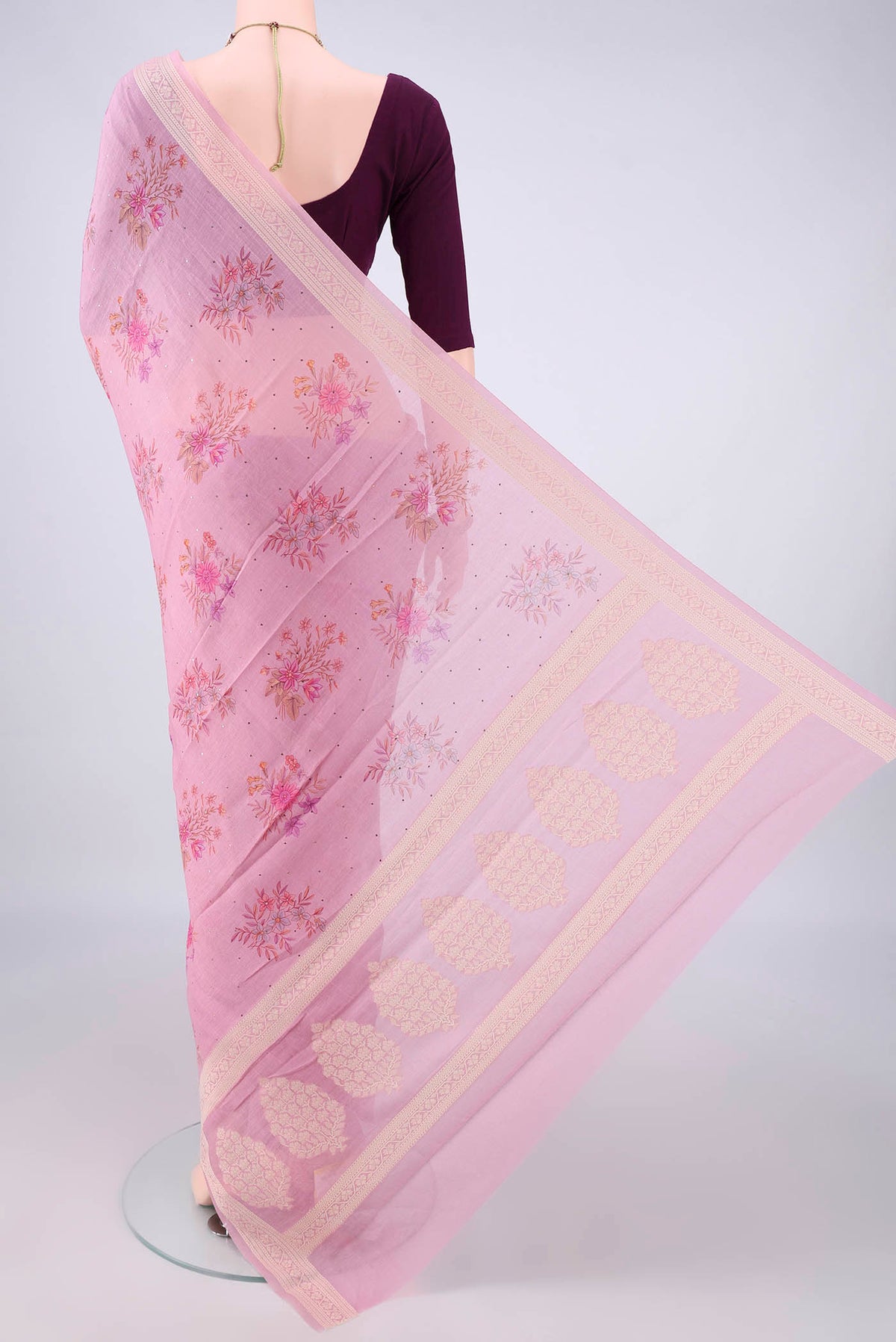 Flat view of Rose pink Chanderi Cotton Saree with Printed design on the body and Thread Border. 