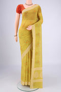 Acid Green Chanderi Silk Cotton Saree with Floral Print on the body and Zari Border.  displayed on a mannequin