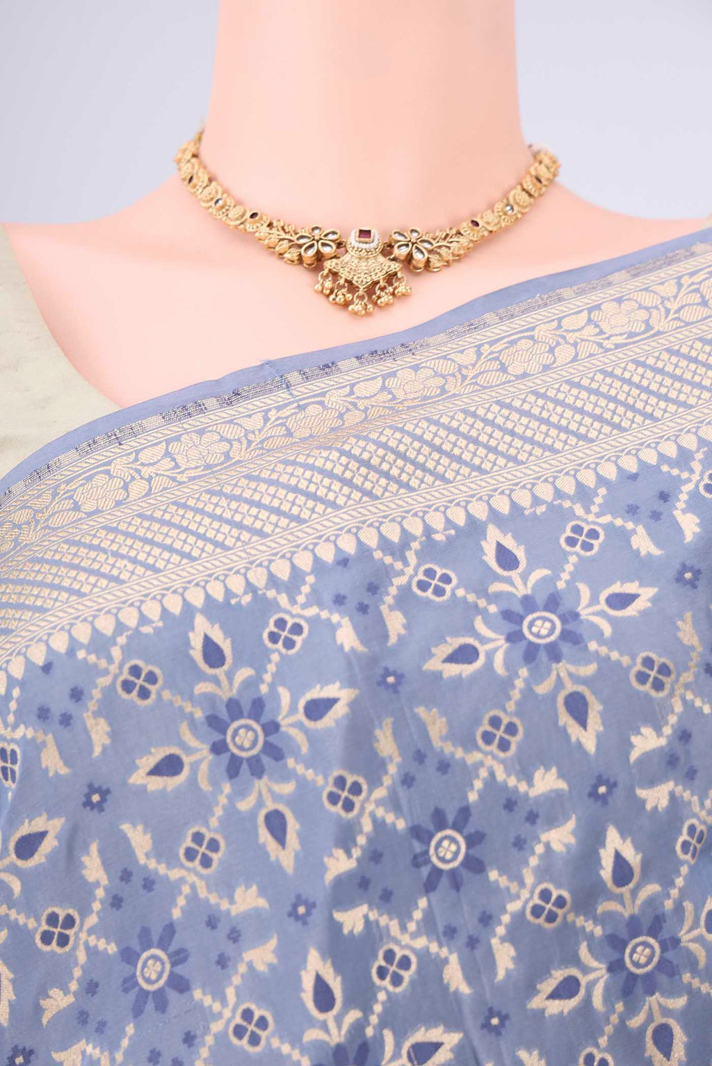 Border image of Blue Grey Banarasi Silk Saree with Zari Brocade on the body and Zari Border. 