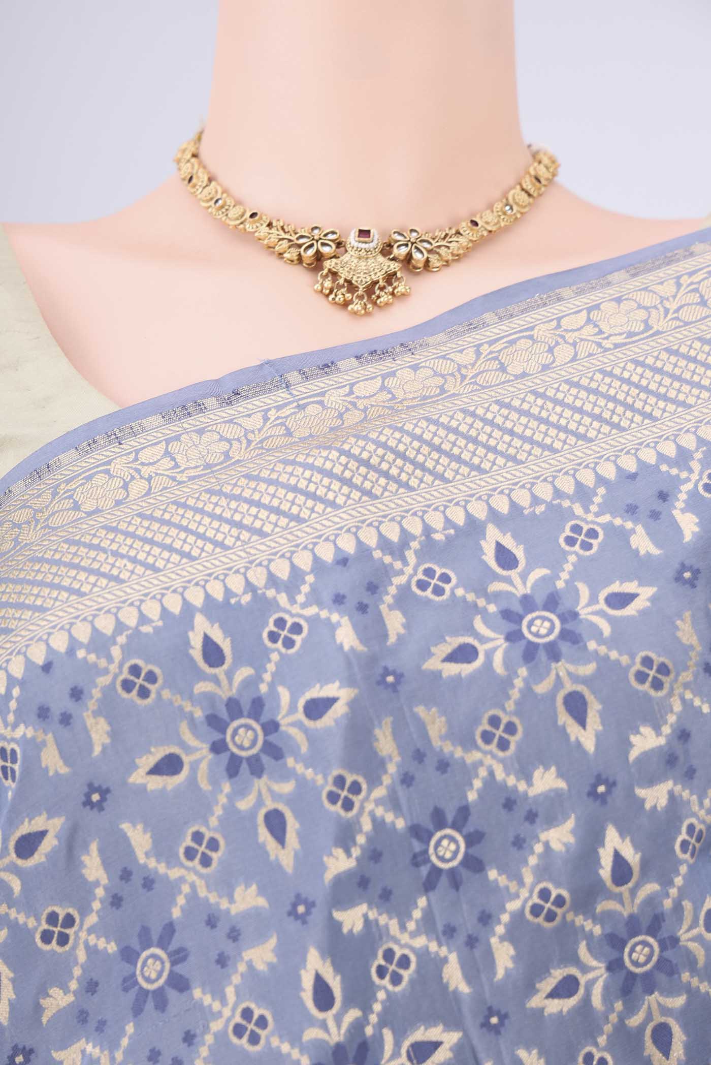 Border image of Blue Grey Banarasi Silk Saree with Zari Brocade on the body and Zari Border. 