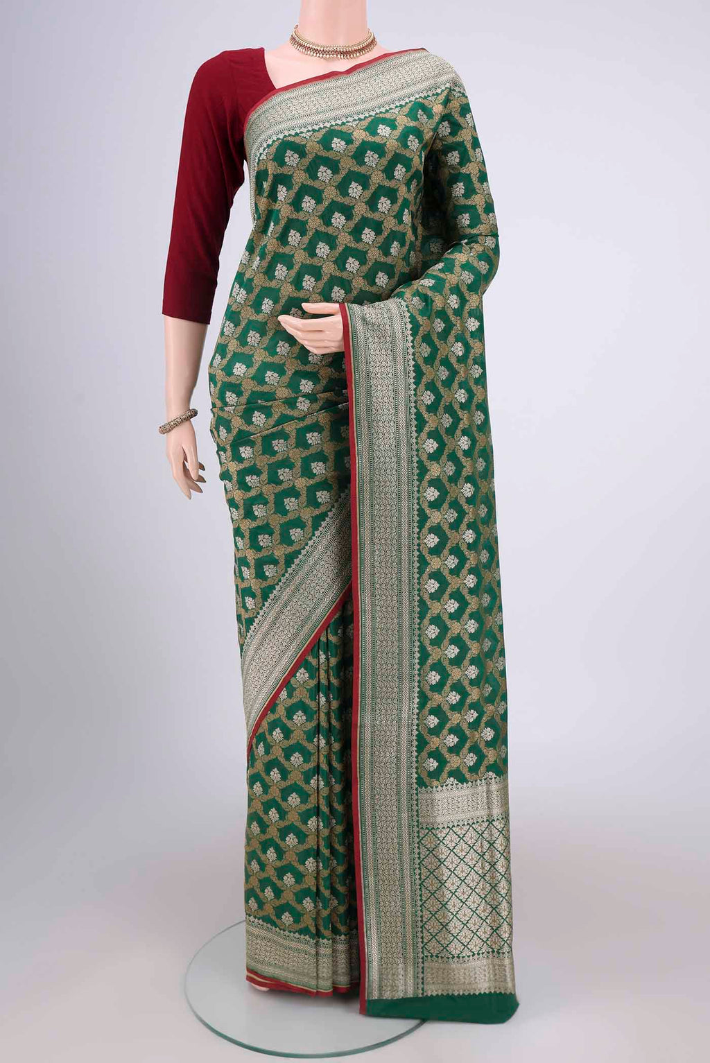 Green Dual Tone Banarasi Silk Saree with Jacquard With Zari Butta on the body and Zari Border.  displayed on a mannequin