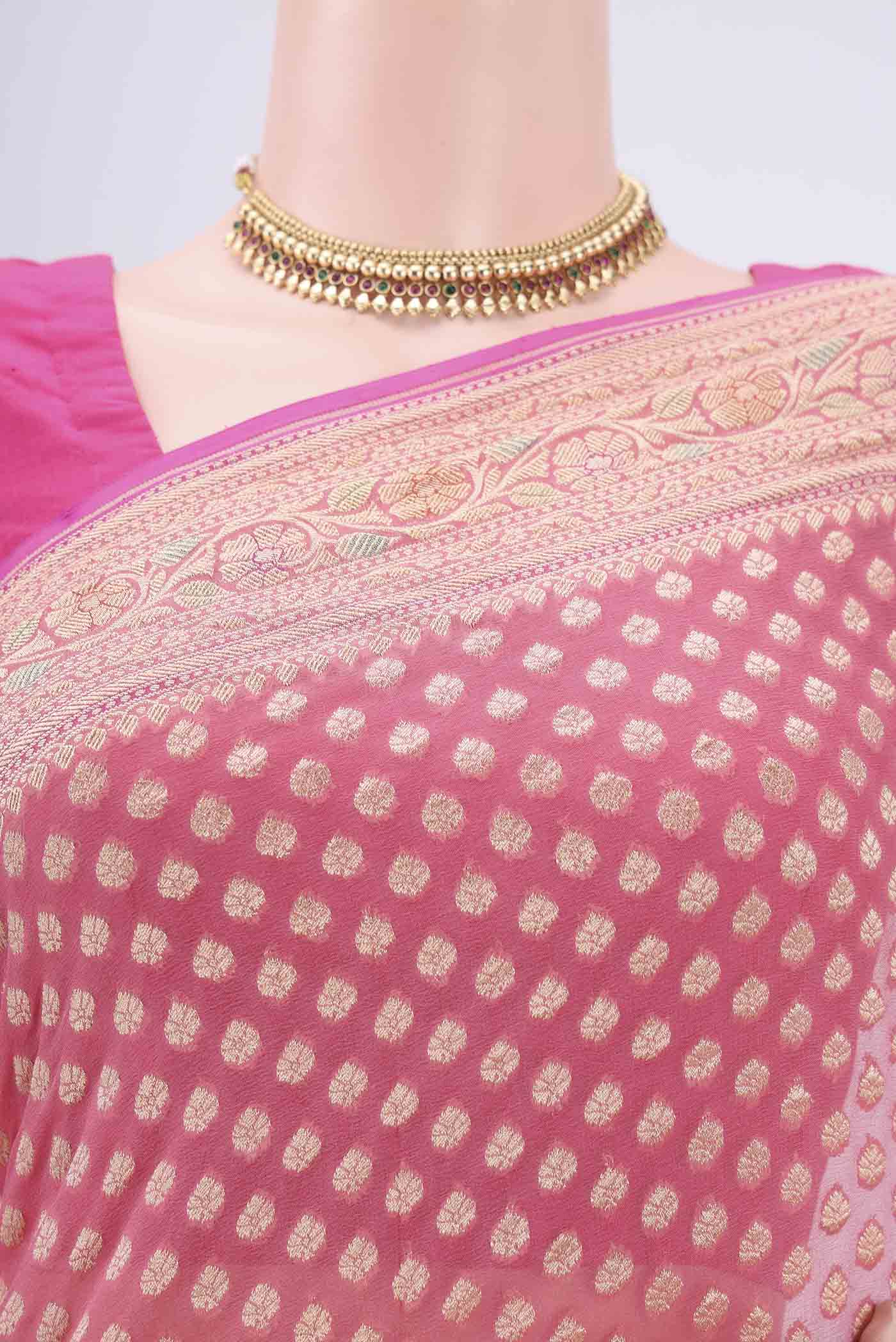 Border image of Pink Banarasi Georgette Saree with Zari Butta on the body and Zari Border. 