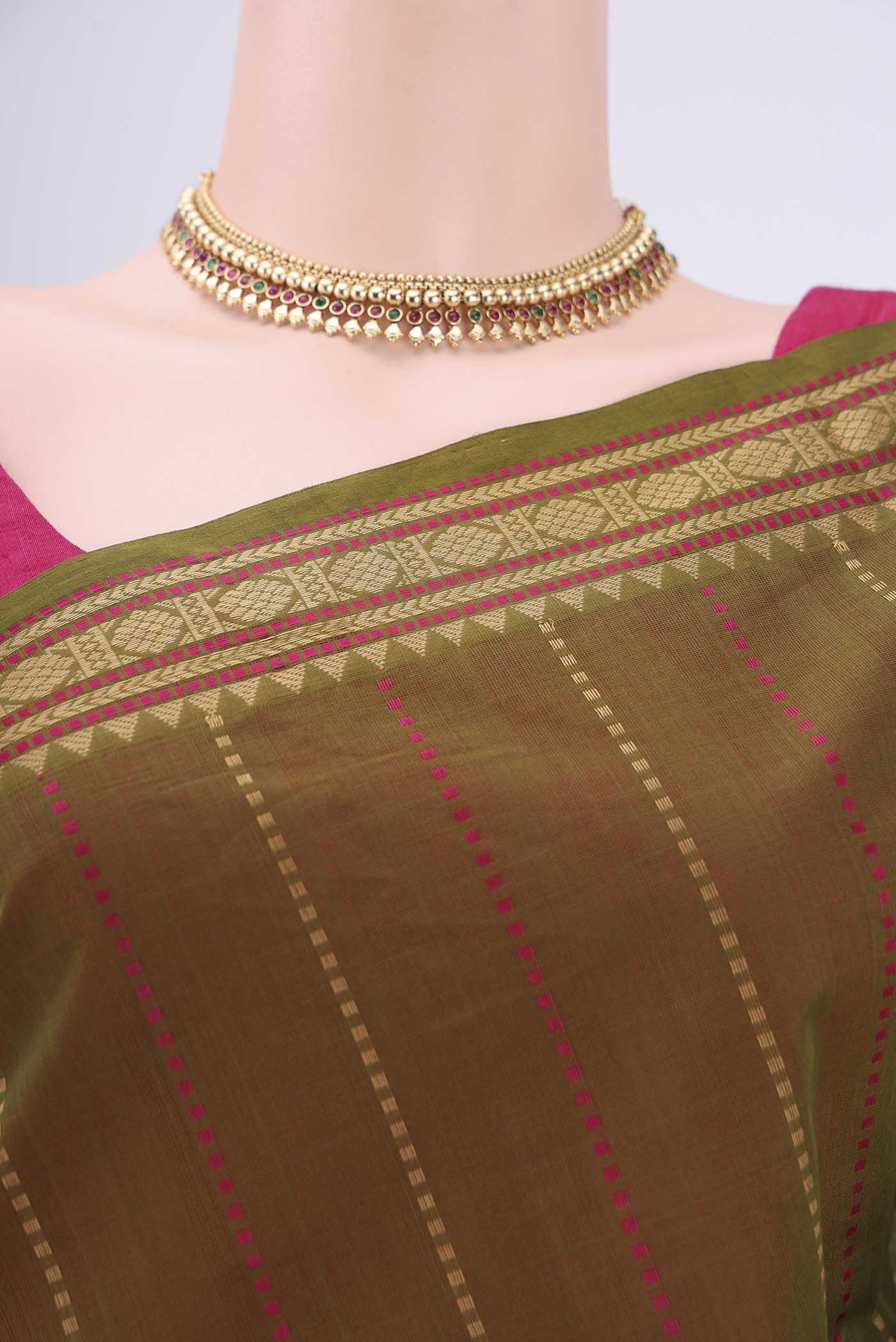 Border image of Olive Green Kanchi Cotton Saree with Stripes on the body and Thread Border. 