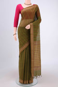 Olive Green Kanchi Cotton Saree with Stripes on the body and Thread Border.  displayed on a mannequin